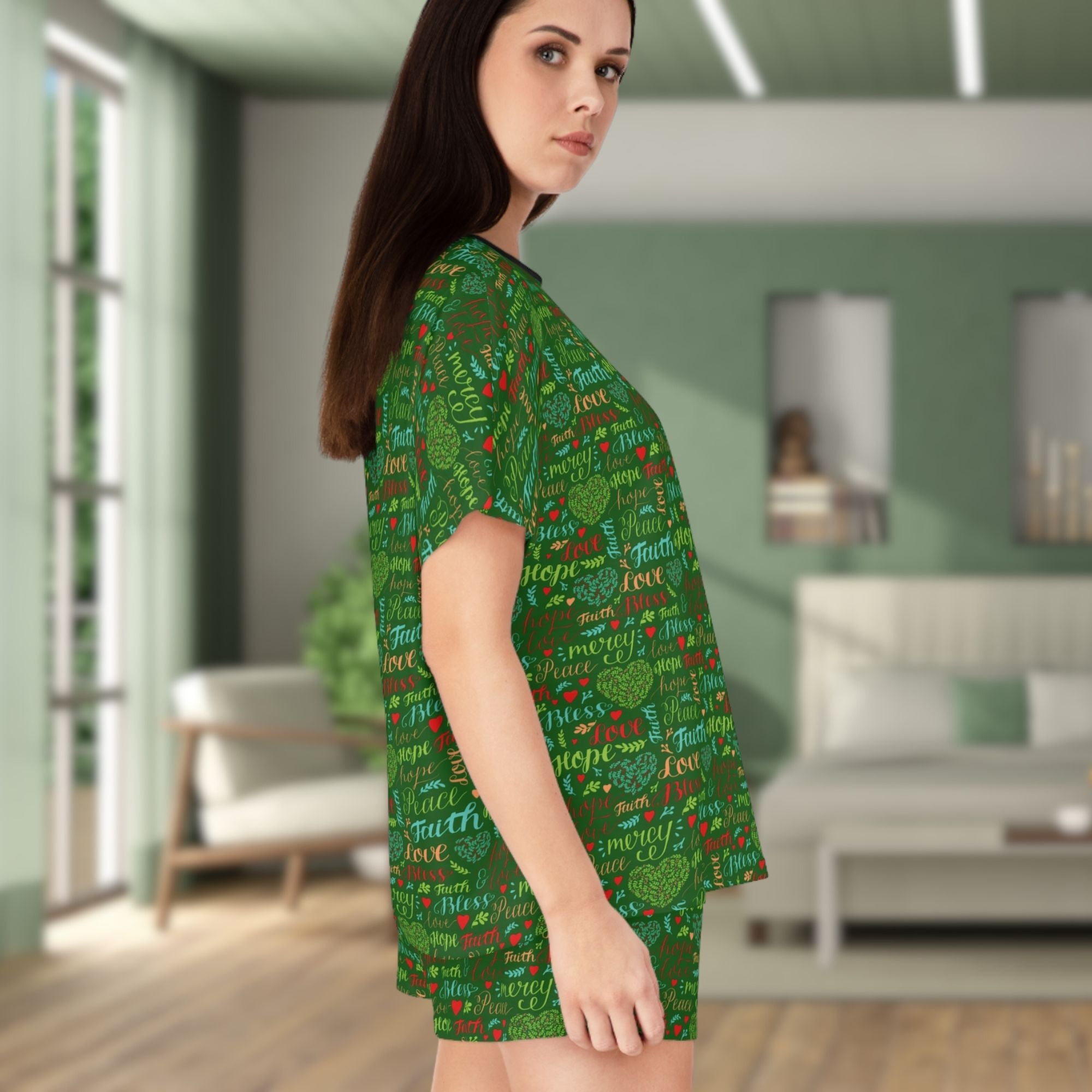 Mercy Peace Hope & Love Women's Green Short Pajama Set - Matching Lounge / Pajama Pants and Indoor Slippers Available - Jesus Passion Apparel