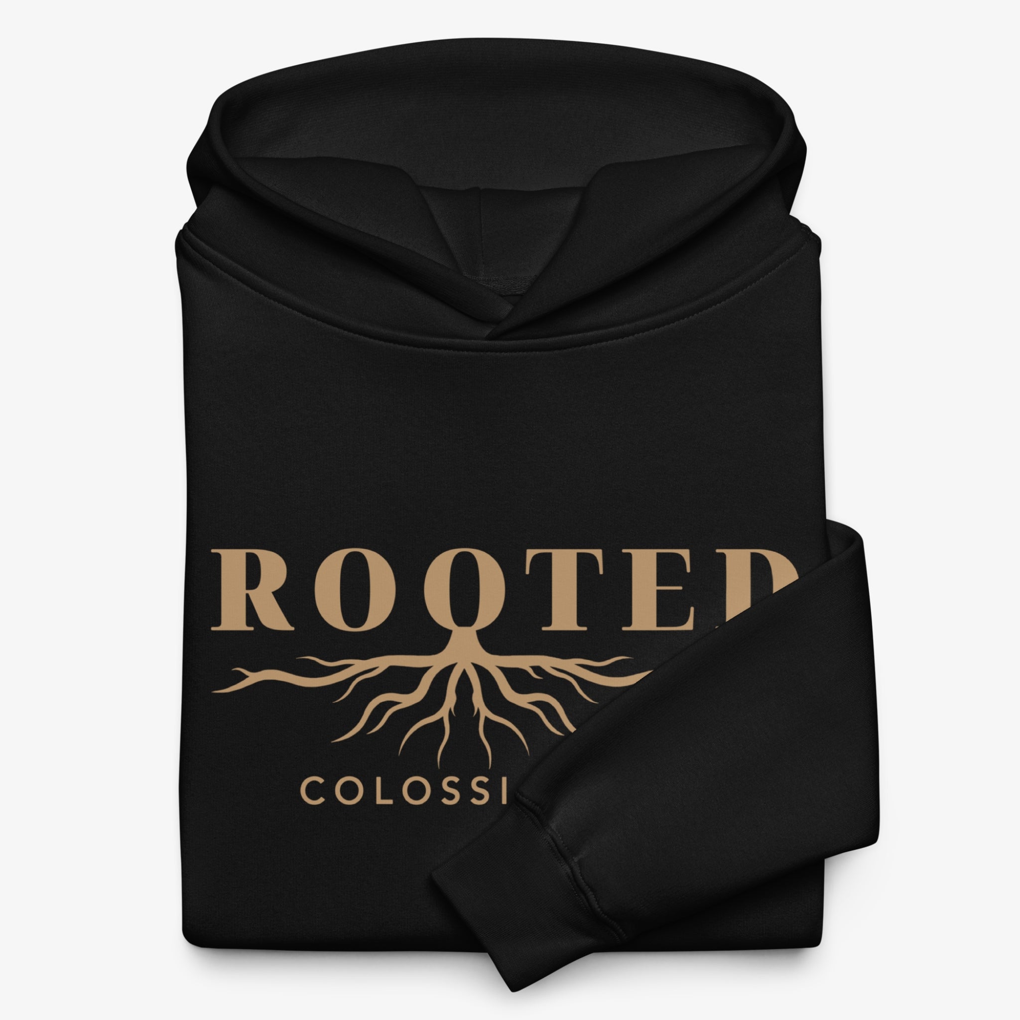 Black hoodie with 'ROOTED COLOSSI' text and root design on a white background
