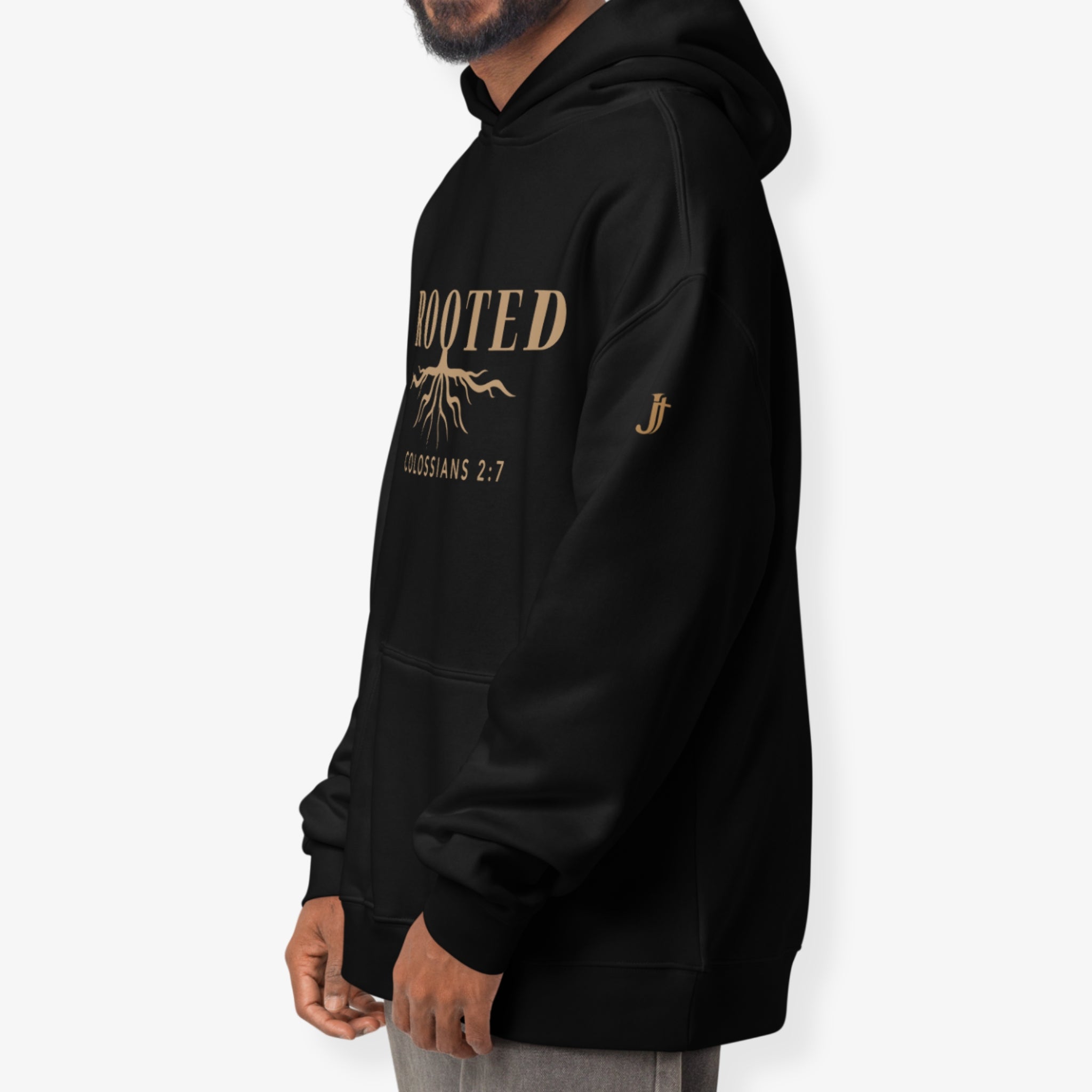 Black hoodie with gold text and design on a white background