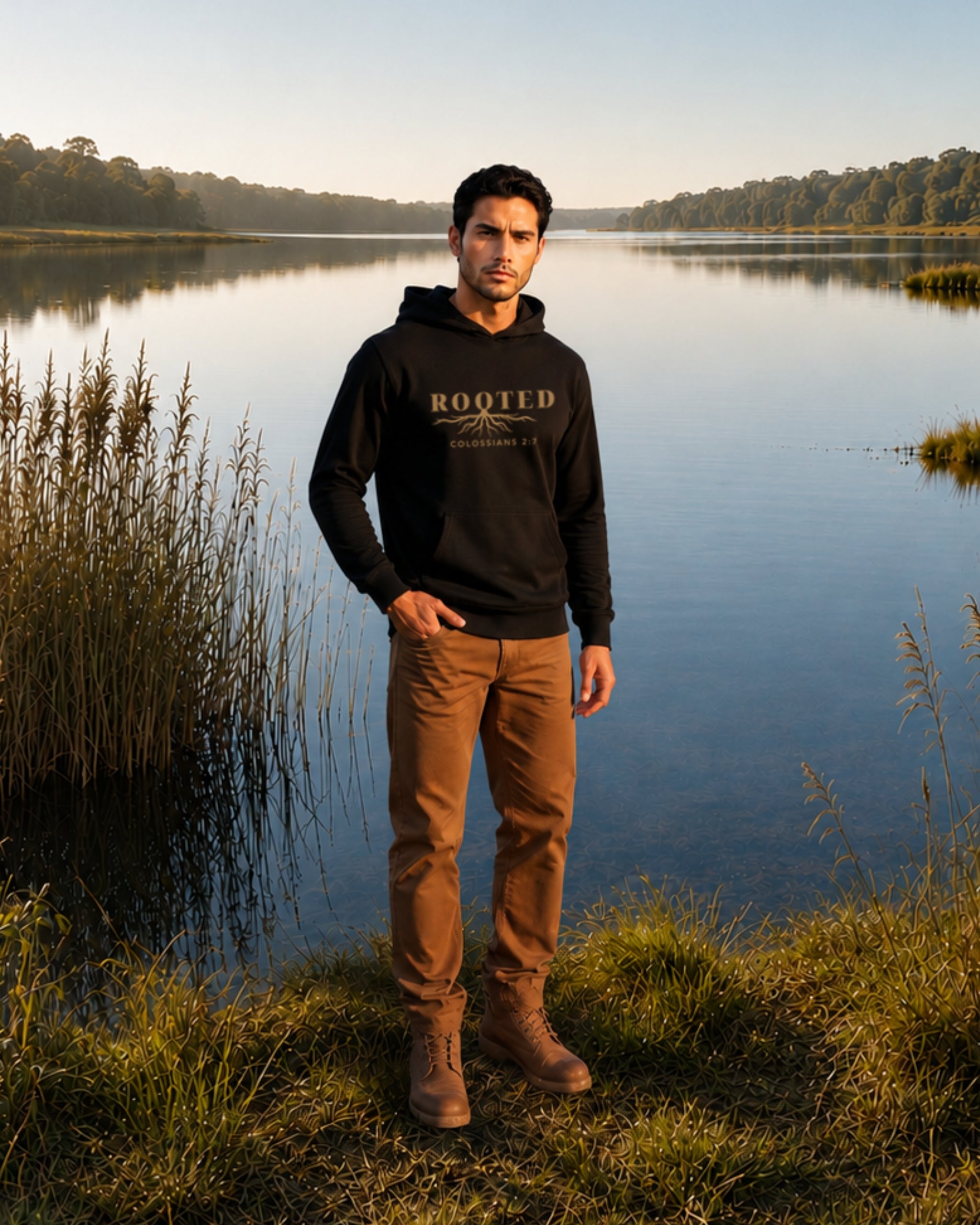 rooted hoodie man standing by lake jpa
