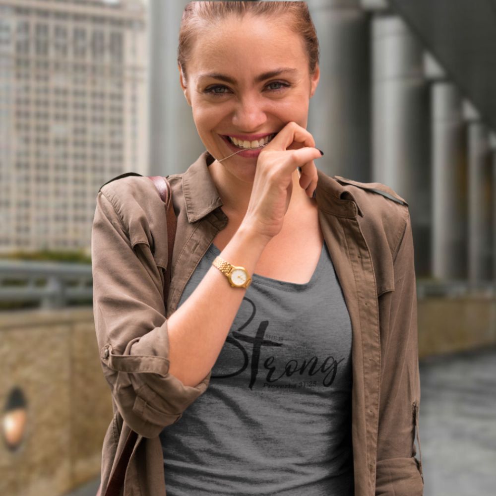She is Strong Proverbs 31:25 Relaxed - Fit Scoop Neck T-Shirt - Jesus Passion Apparel