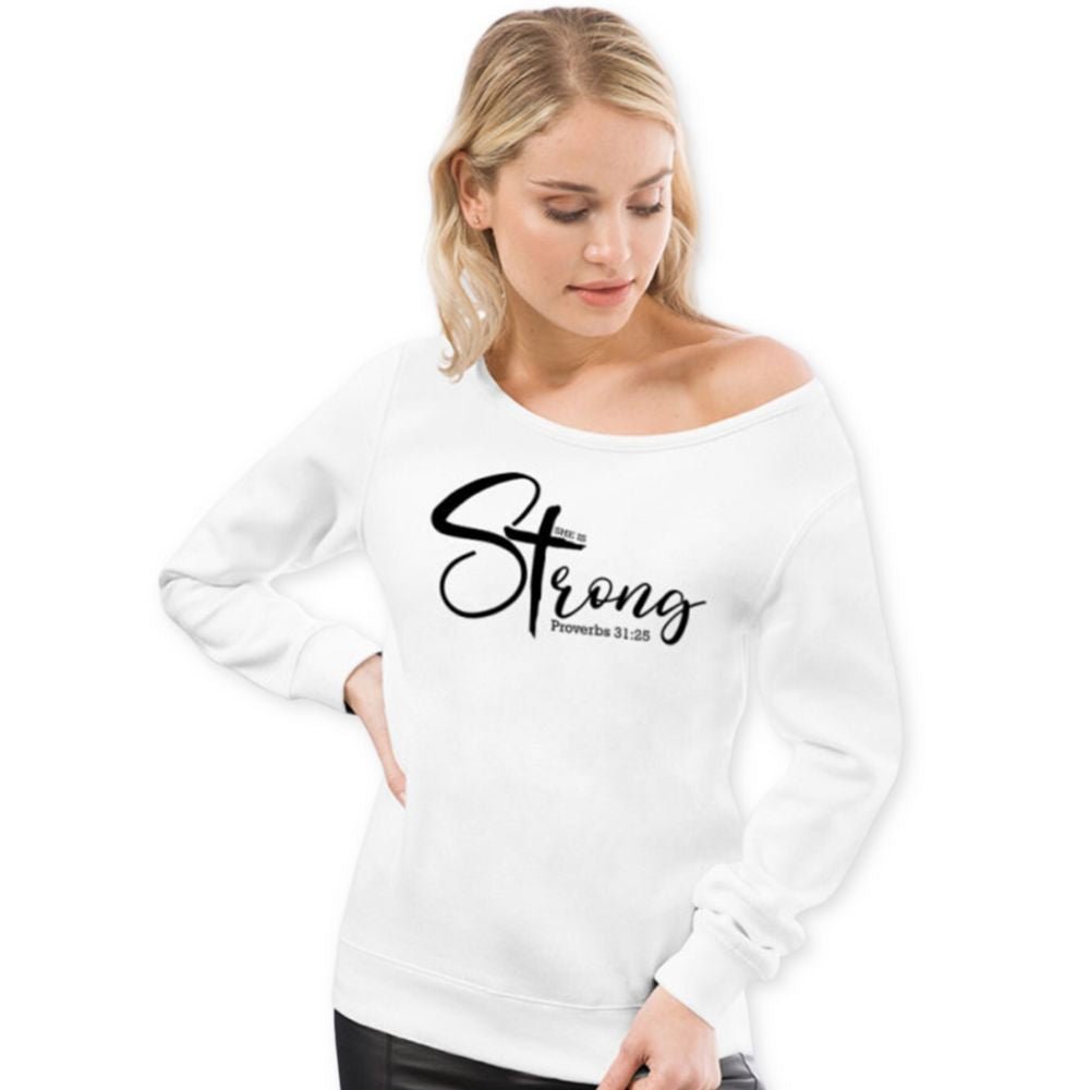 She is Strong Women's Off The Shoulder Tops Sweatshirt - Jesus Passion Apparel