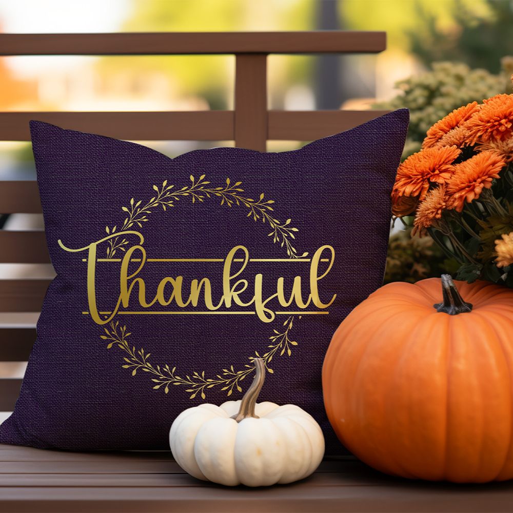 Shimmer Gold Thankful Wreath on Linen Pattern Spun Polyester Square Pillow - Jesus Passion Apparel