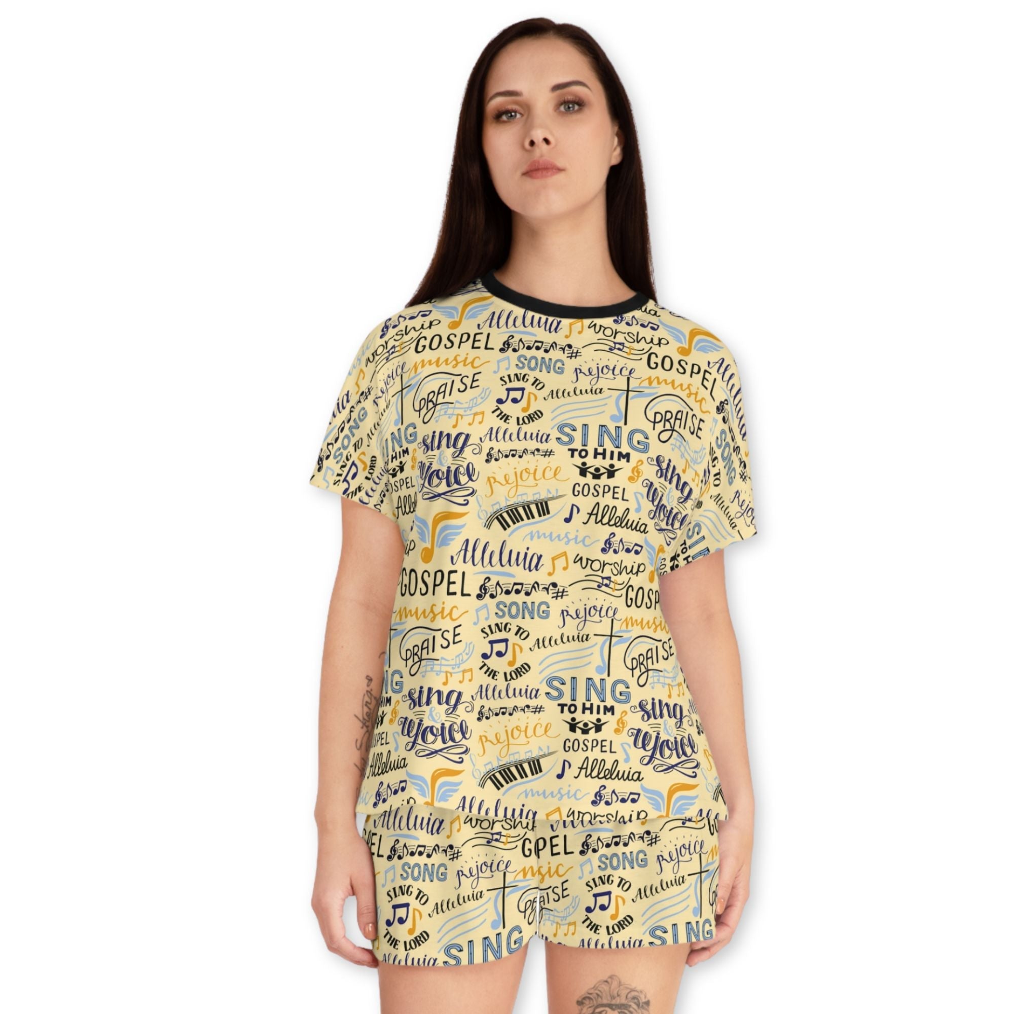 Sing To Him Alleluia Women's Yellow Short Pajama Set - Matching Lounge / Pajama Pants and Indoor Slippers Available - Jesus Passion Apparel