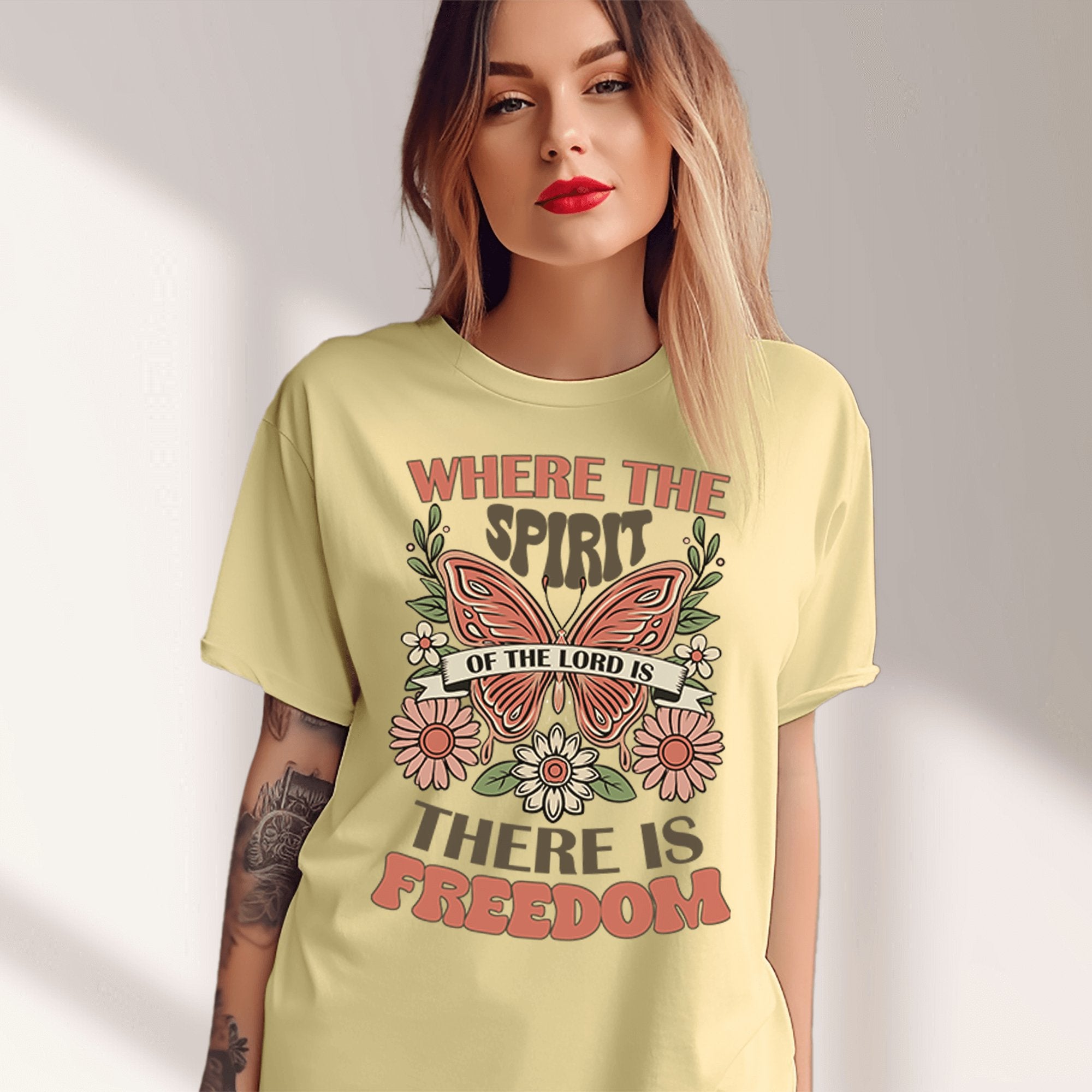 Spirit of the Lord is Freedom Floral Butterfly Women's Short Sleeve Tee - Jesus Passion Apparel