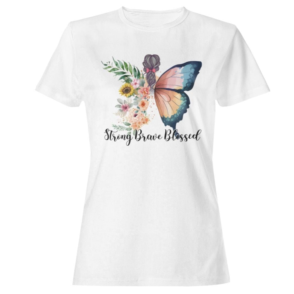 Strong Brave Blessed Butterfly White Jersey Short Sleeve T-Shirt - Jesus Passion Apparel