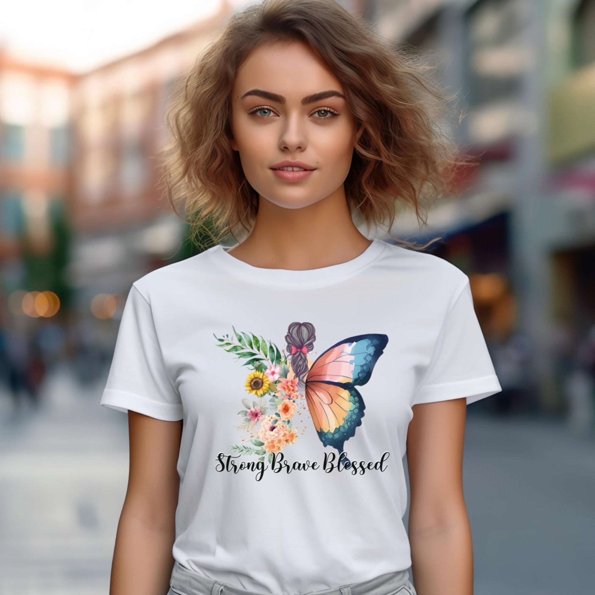 Strong Brave Blessed Butterfly White Jersey Short Sleeve T-Shirt - Jesus Passion Apparel