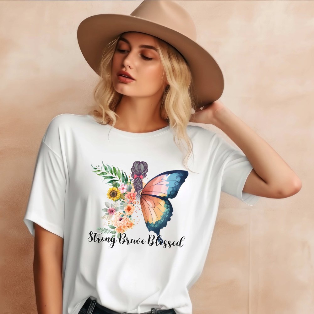 Strong Brave Blessed Butterfly White Jersey Short Sleeve T-Shirt - Jesus Passion Apparel