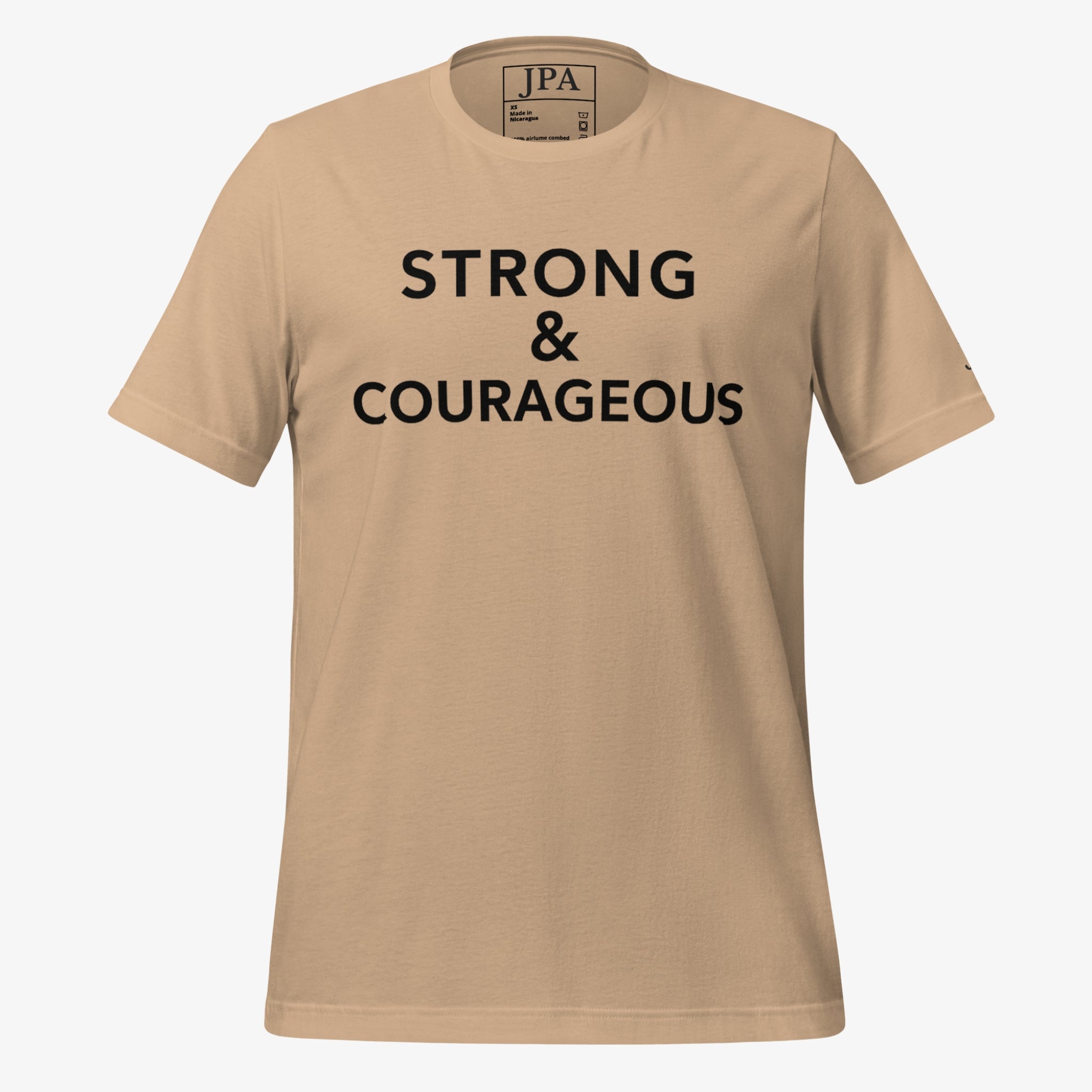 Beige t-shirt with 'STRONG & COURAGEOUS' text on a white background