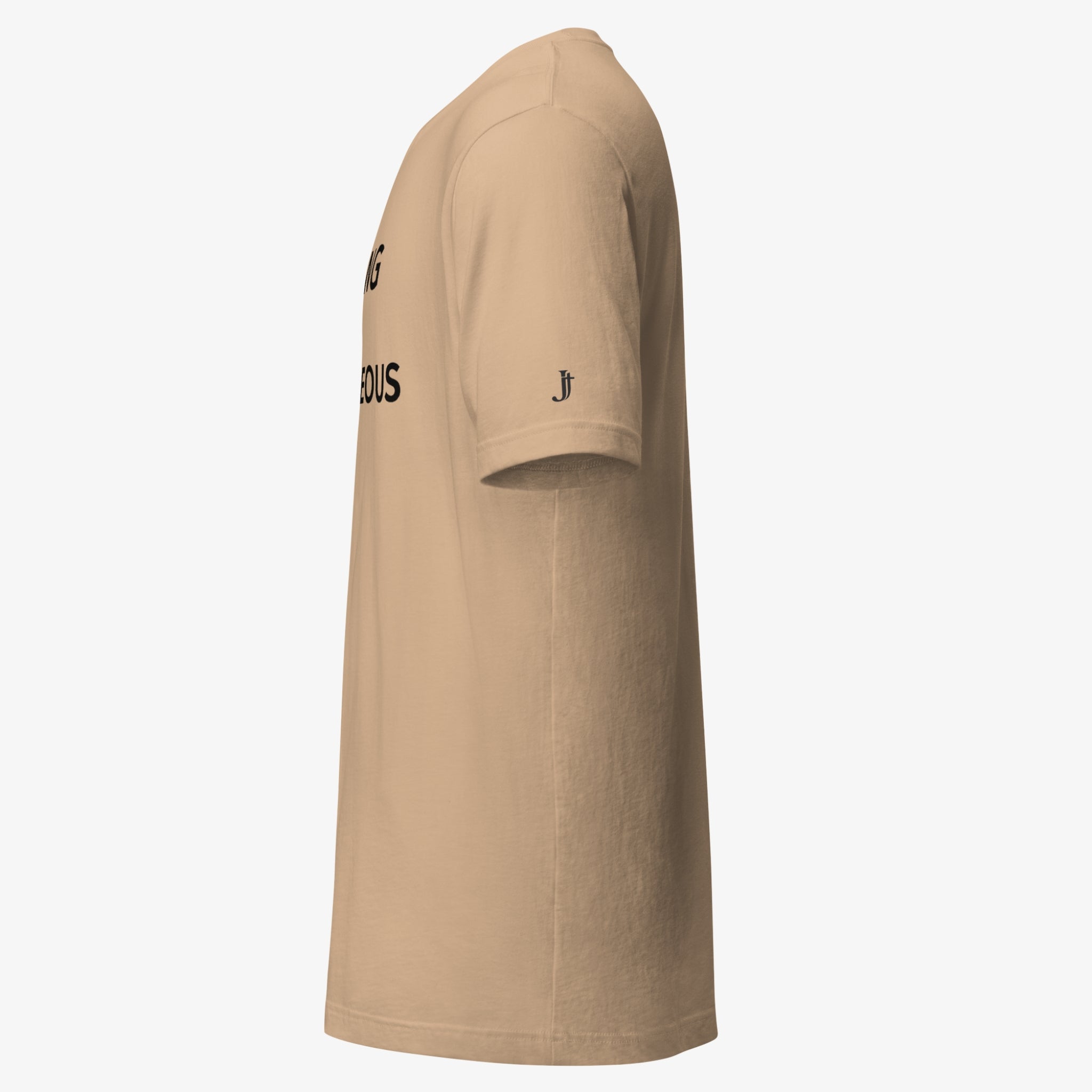 Beige t-shirt with a QR code on the sleeve against a white background