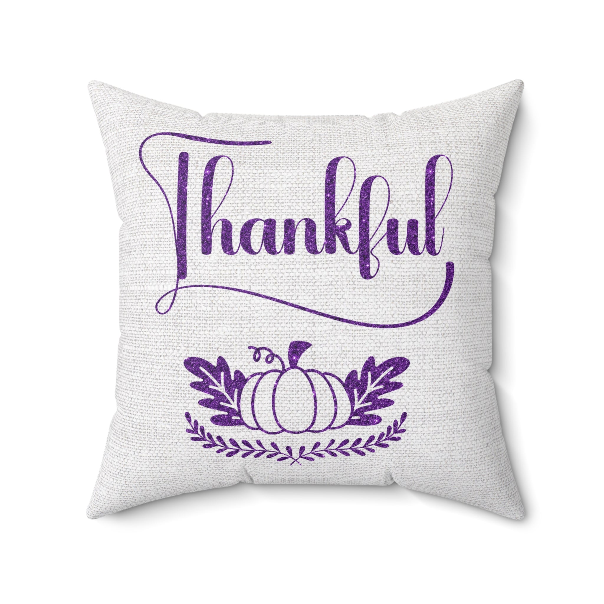 Thankful Pumpkin Purple Glitter and Leaves on Soothing Gray Linen Pattern Spun Polyester Square Pillow - Jesus Passion Apparel