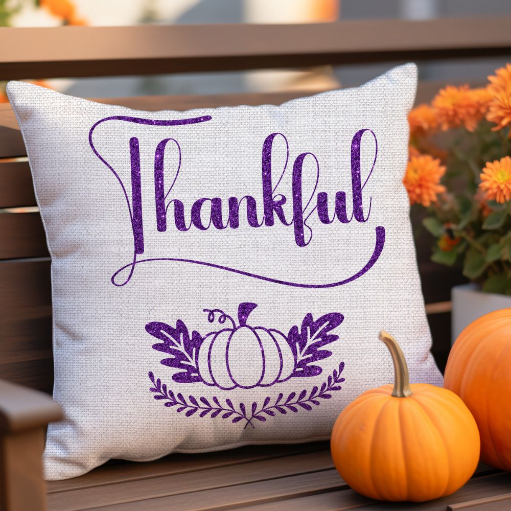 Thankful Pumpkin Purple Glitter and Leaves on Soothing Gray Linen Pattern Spun Polyester Square Pillow - Jesus Passion Apparel