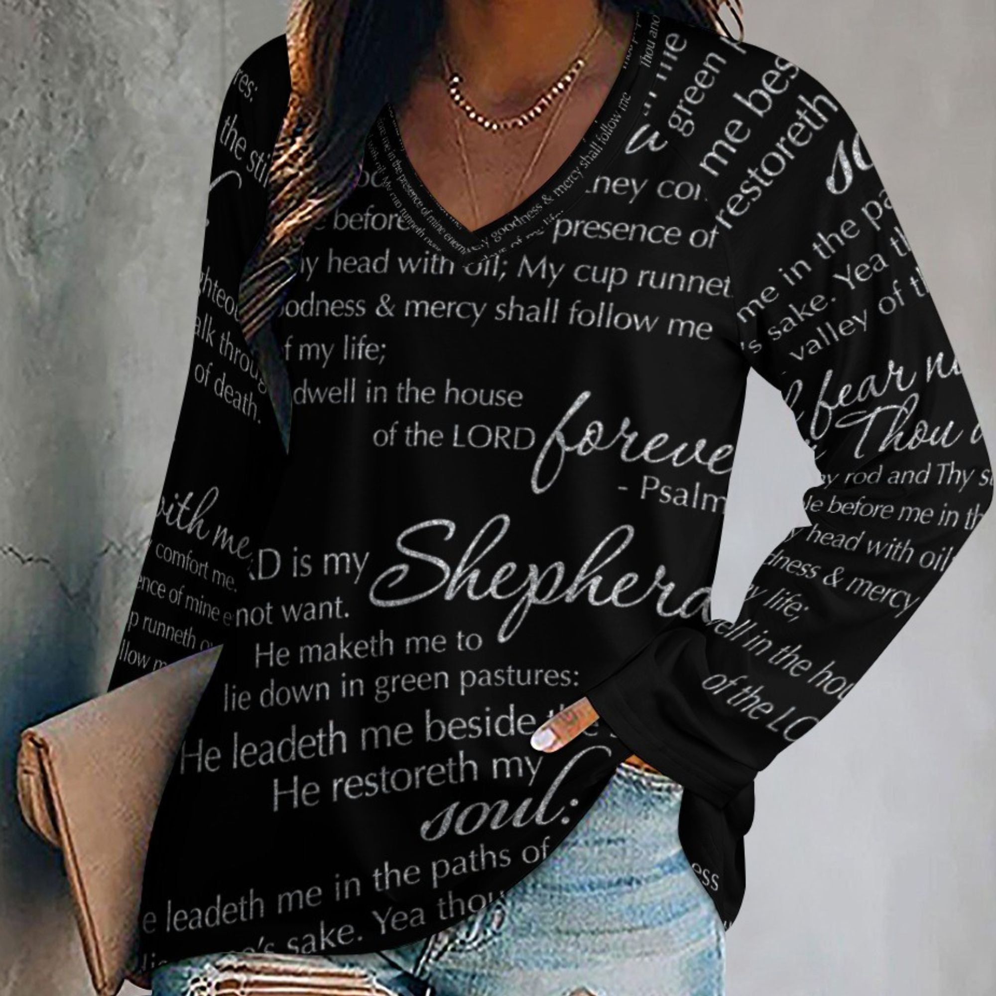 The Lord's Prayer Women's Long Sleeve Loose V - Neck Tee - Black - Jesus Passion Apparel