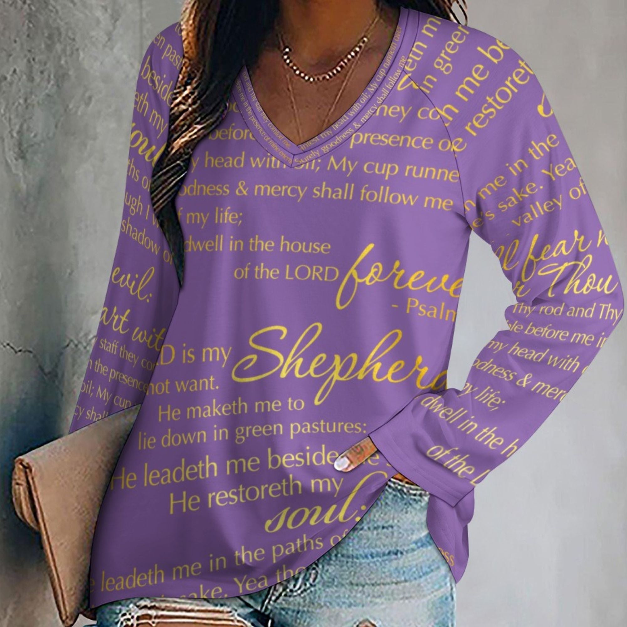 The Lord's Prayer Women's Long Sleeve Loose V - Neck Tee - Purple - Jesus Passion Apparel