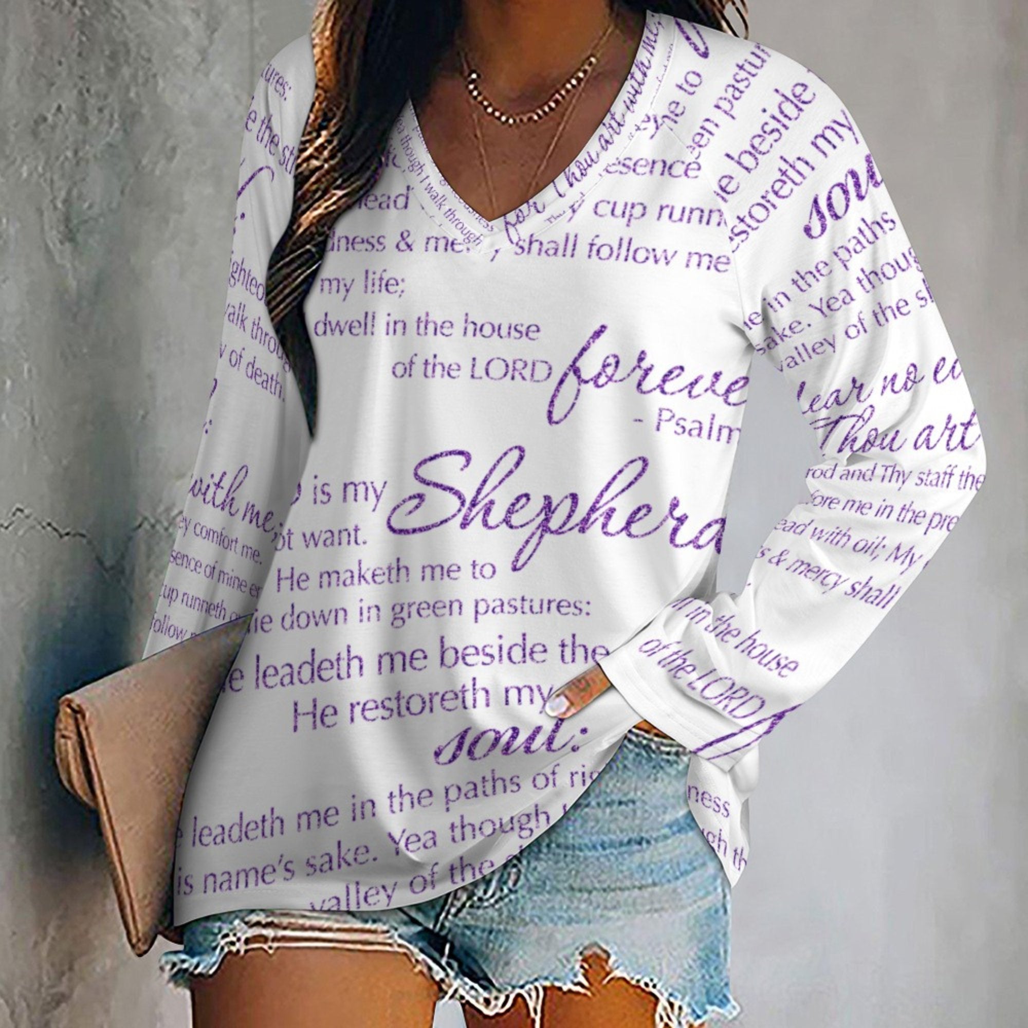 The Lord's Prayer Women's Long Sleeve Loose V - Neck Tee - White - Jesus Passion Apparel