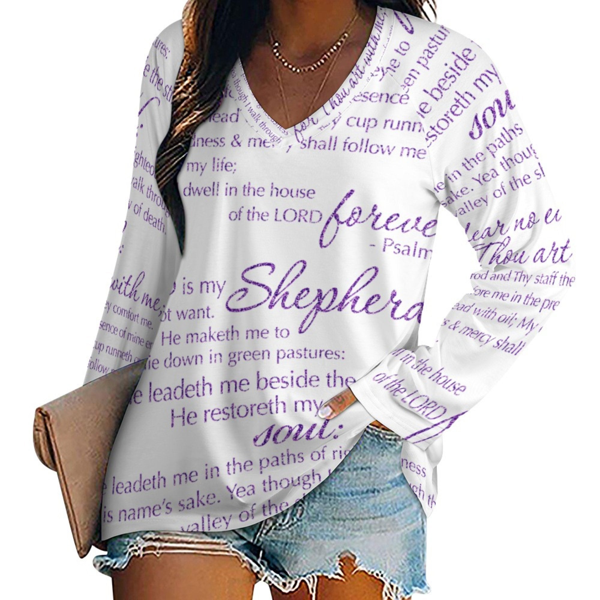 The Lord's Prayer Women's Long Sleeve Loose V - Neck Tee - White - Jesus Passion Apparel