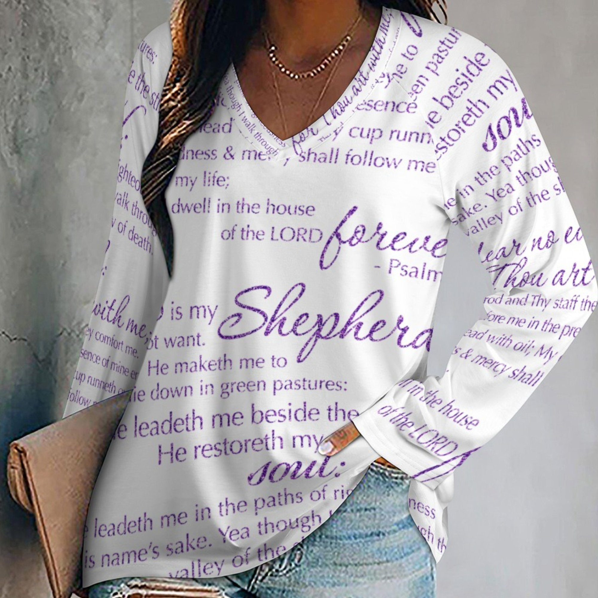 The Lord's Prayer Women's Long Sleeve Loose V - Neck Tee - White - Jesus Passion Apparel