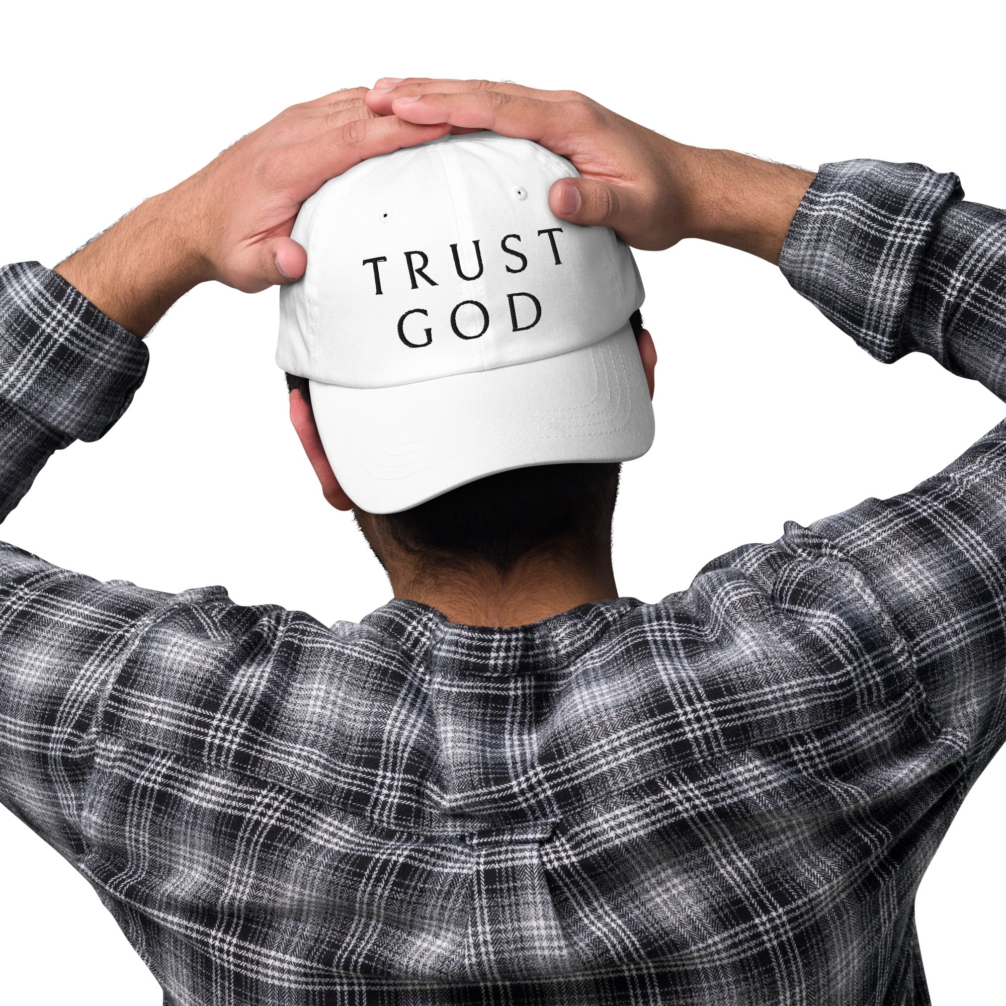 Trust God Classic Dad's Cap - White with Black Embroidery - Jesus Passion Apparel