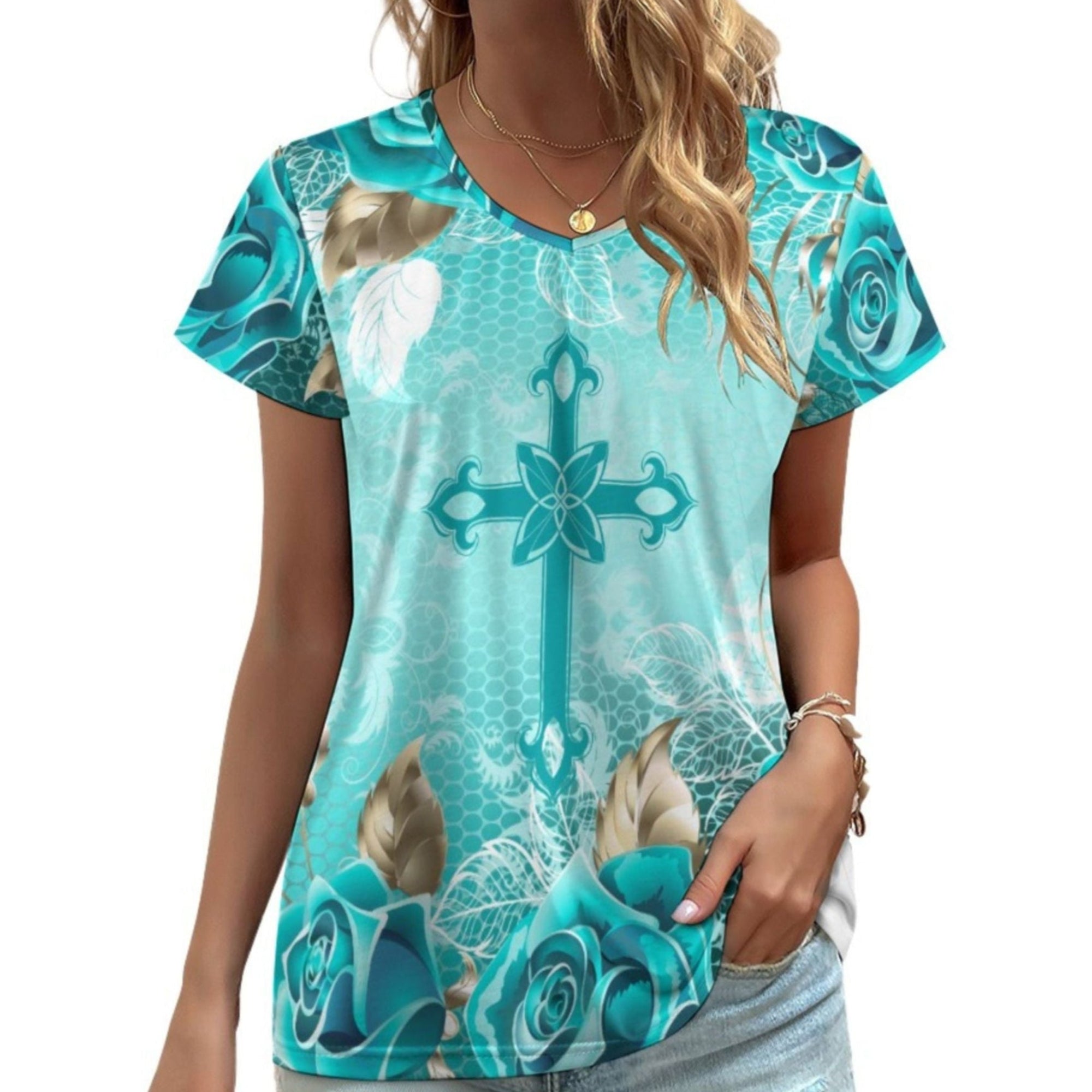 Turquoise Cross and Roses V - Neck Short Sleeve Blouse - Jesus Passion Apparel