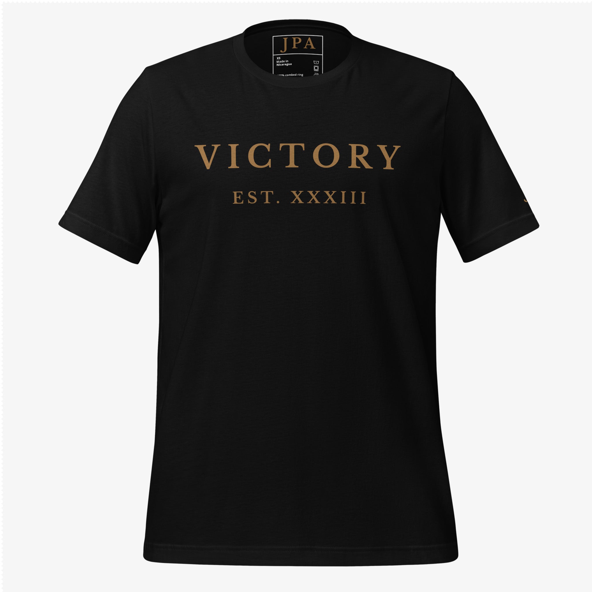 Navy blue t-shirt with red text on a white background