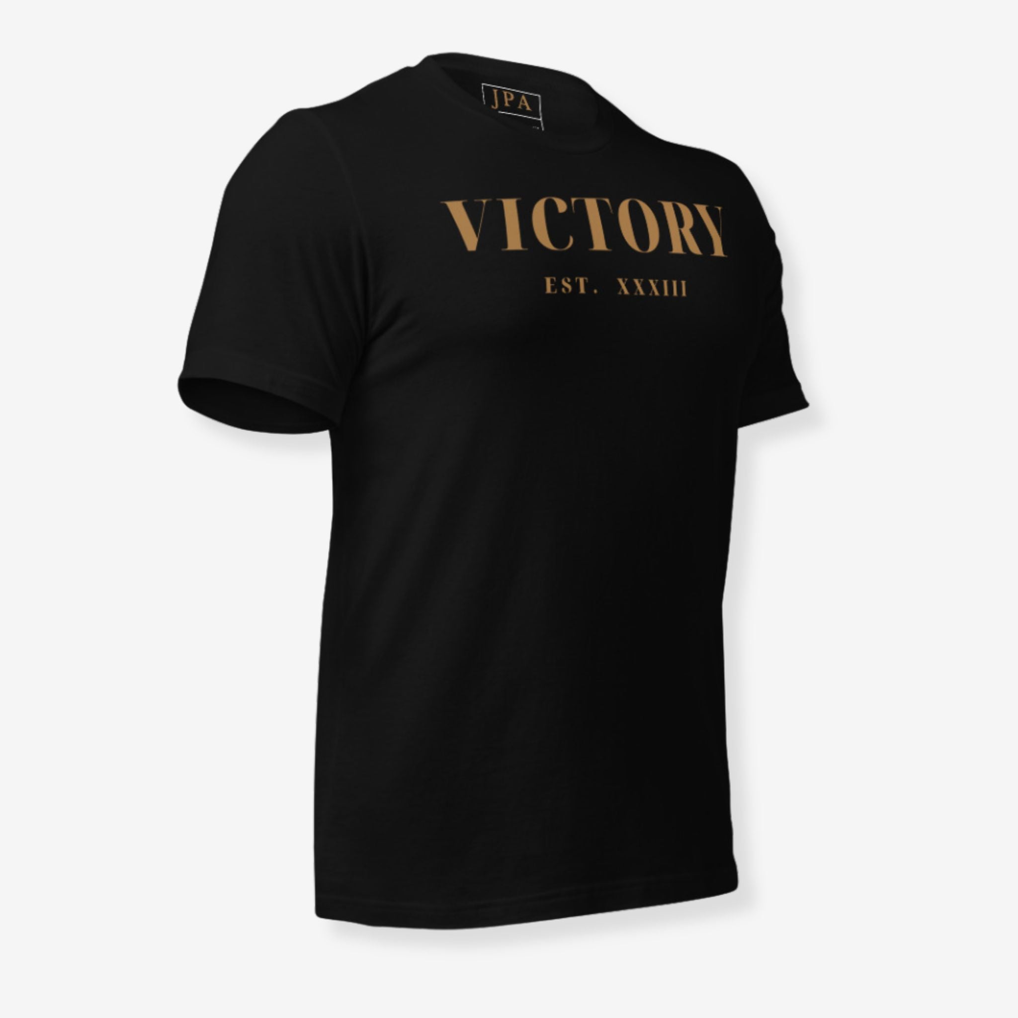 Black t-shirt with 'VICTORY EST. XXXIII' text on a white background