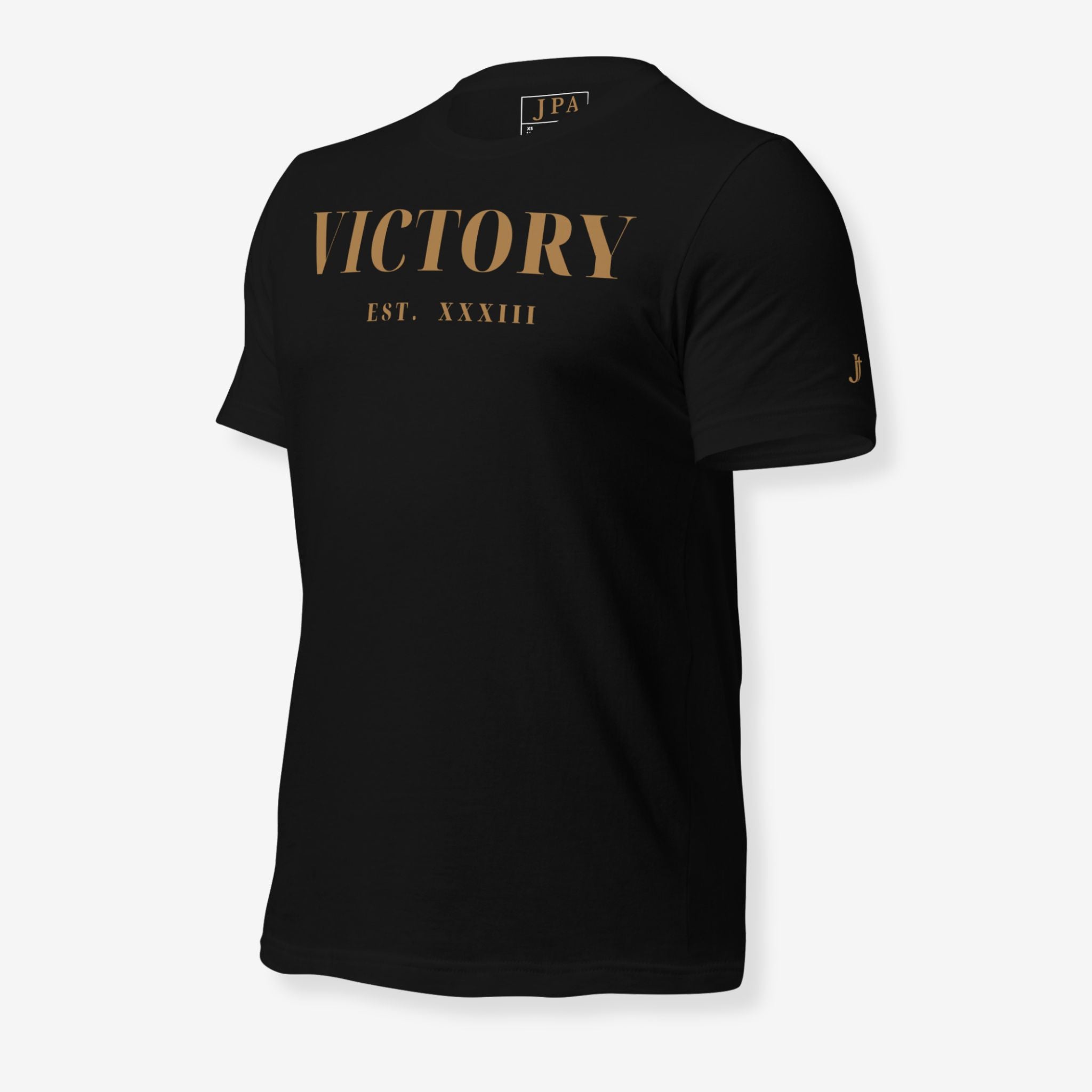 Black t-shirt with 'VICTORY EST. XXXIII' text on a white background