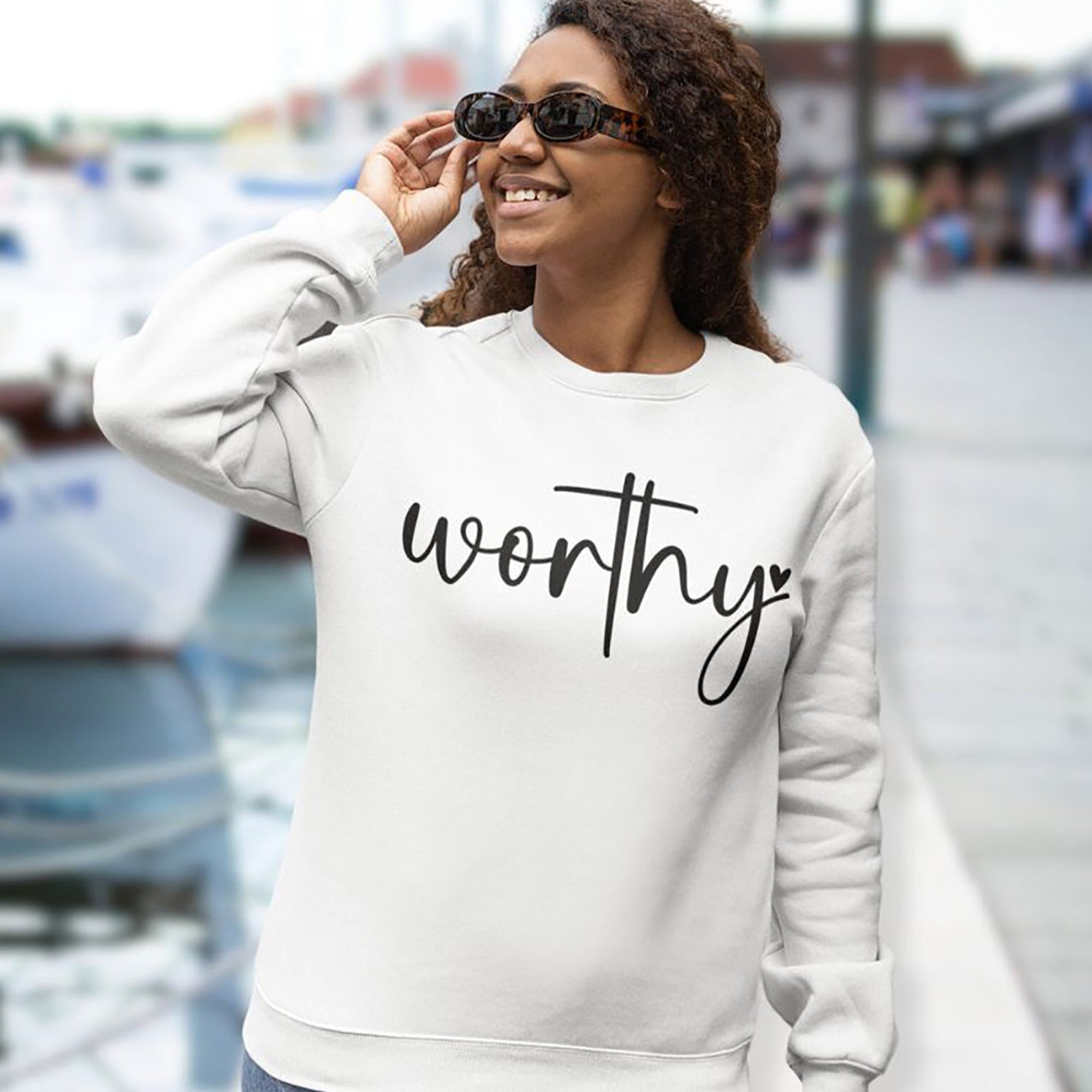 Worthy Women's Fleece Unisex - Fit Sweatshirt White / Sport Gray - Jesus Passion Apparel