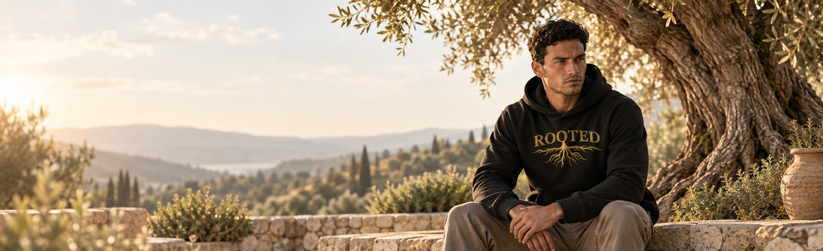 Model wearing the black ROOTED Colossians 2:7 hoodie beside an olive tree