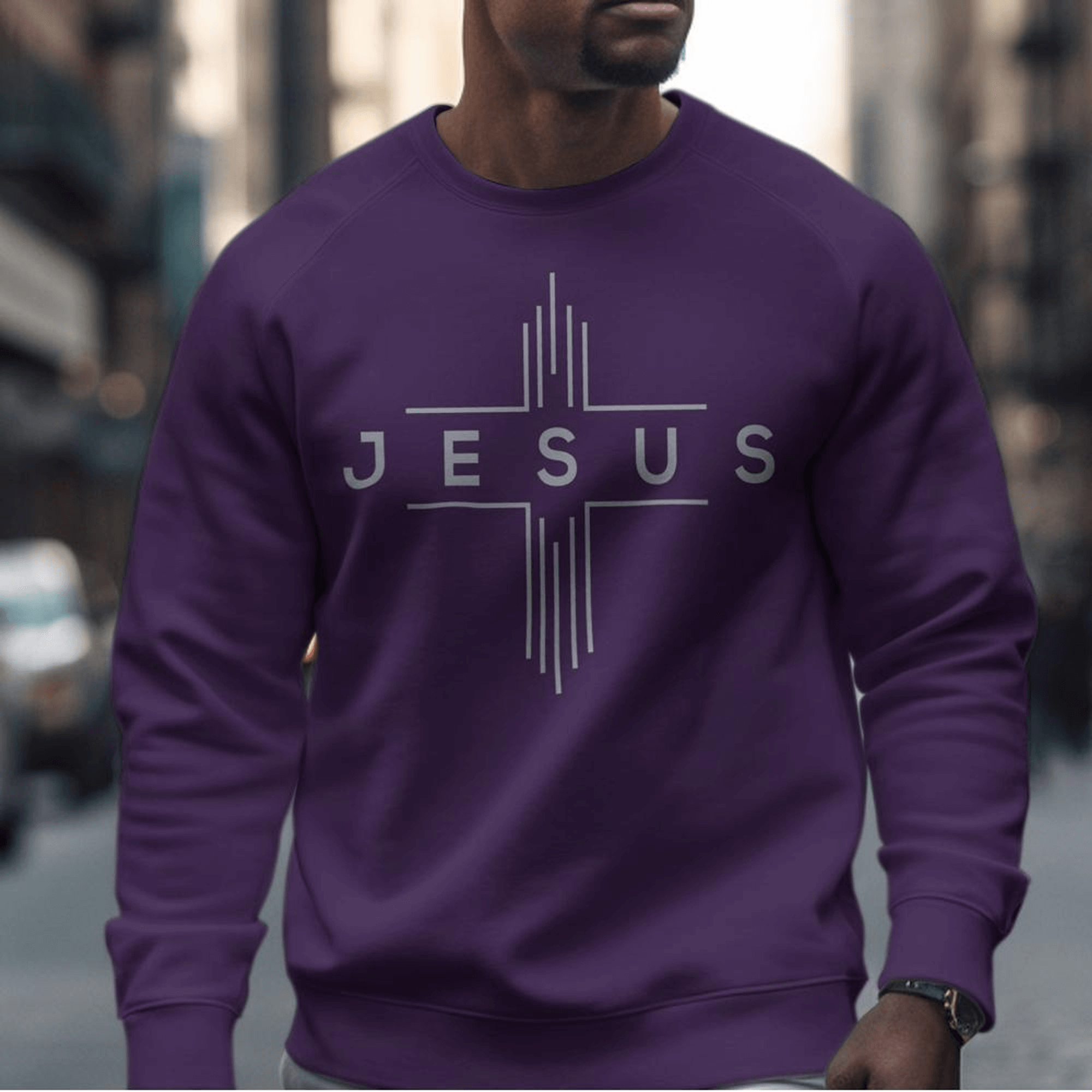 Jesus Modern Cross Silver Men's Unisex-Fit Fleece Sweatshirt - Purple Size: S Color: Purple Jesus Passion Apparel