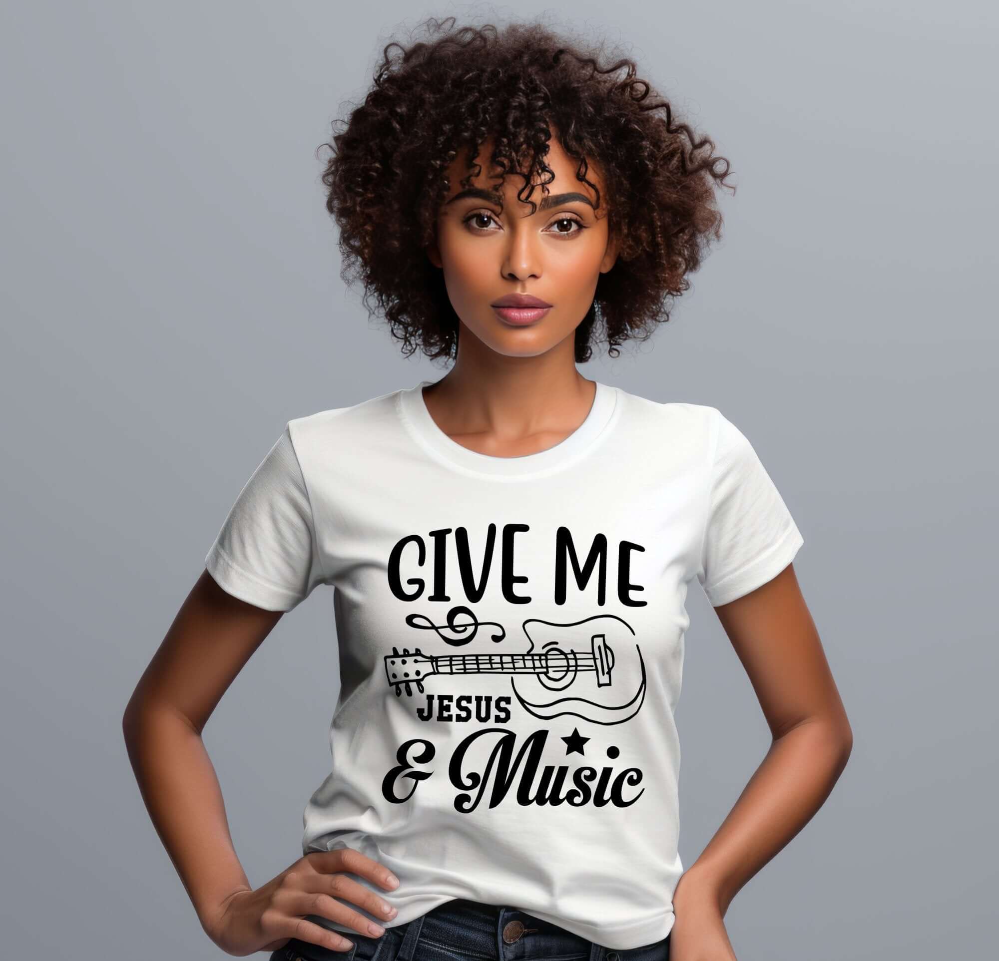 Give Me Jesus & Music Guitar Accent Women's Jersey Short Sleeve T-Shirt Size: XS Color: White Jesus Passion Apparel