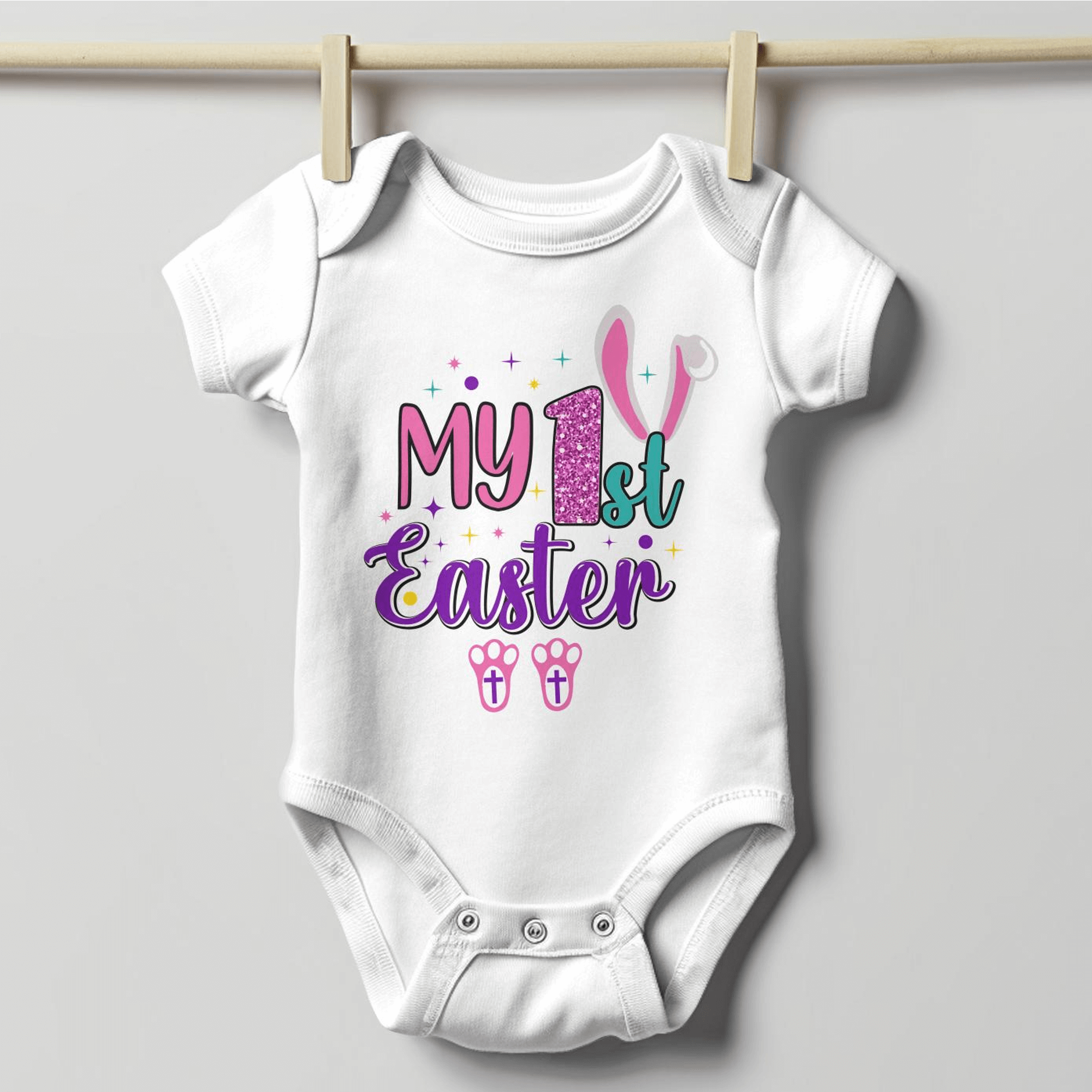 Baby's First Easter Rabbit with Cross Feet Infant Fine Jersey Bodysuit Size: Newborn Color: White Jesus Passion Apparel