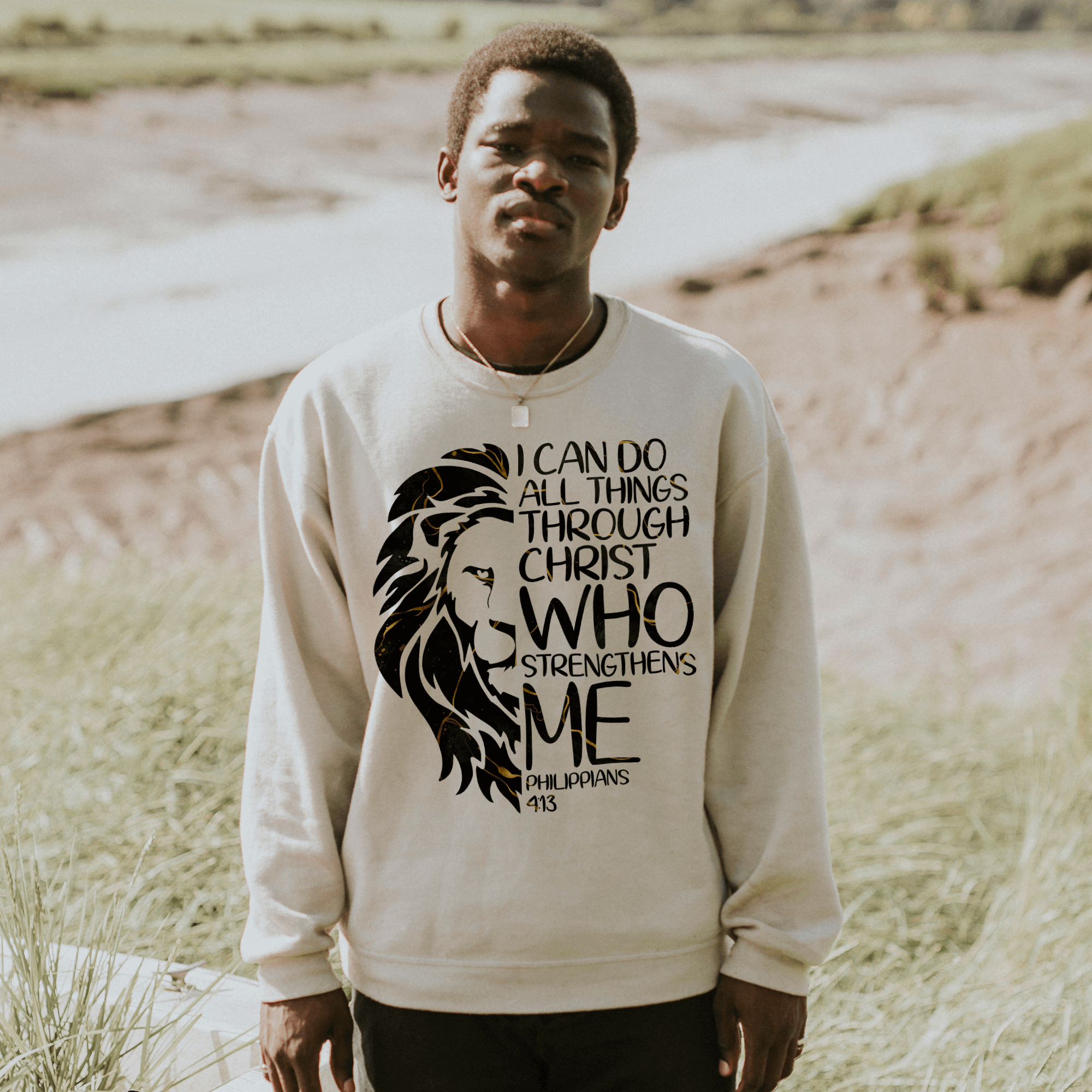 All Through Christ Men's Fleece Unisex-Fit Sweatshirt - Sand Size: S Color: Sand Jesus Passion Apparel