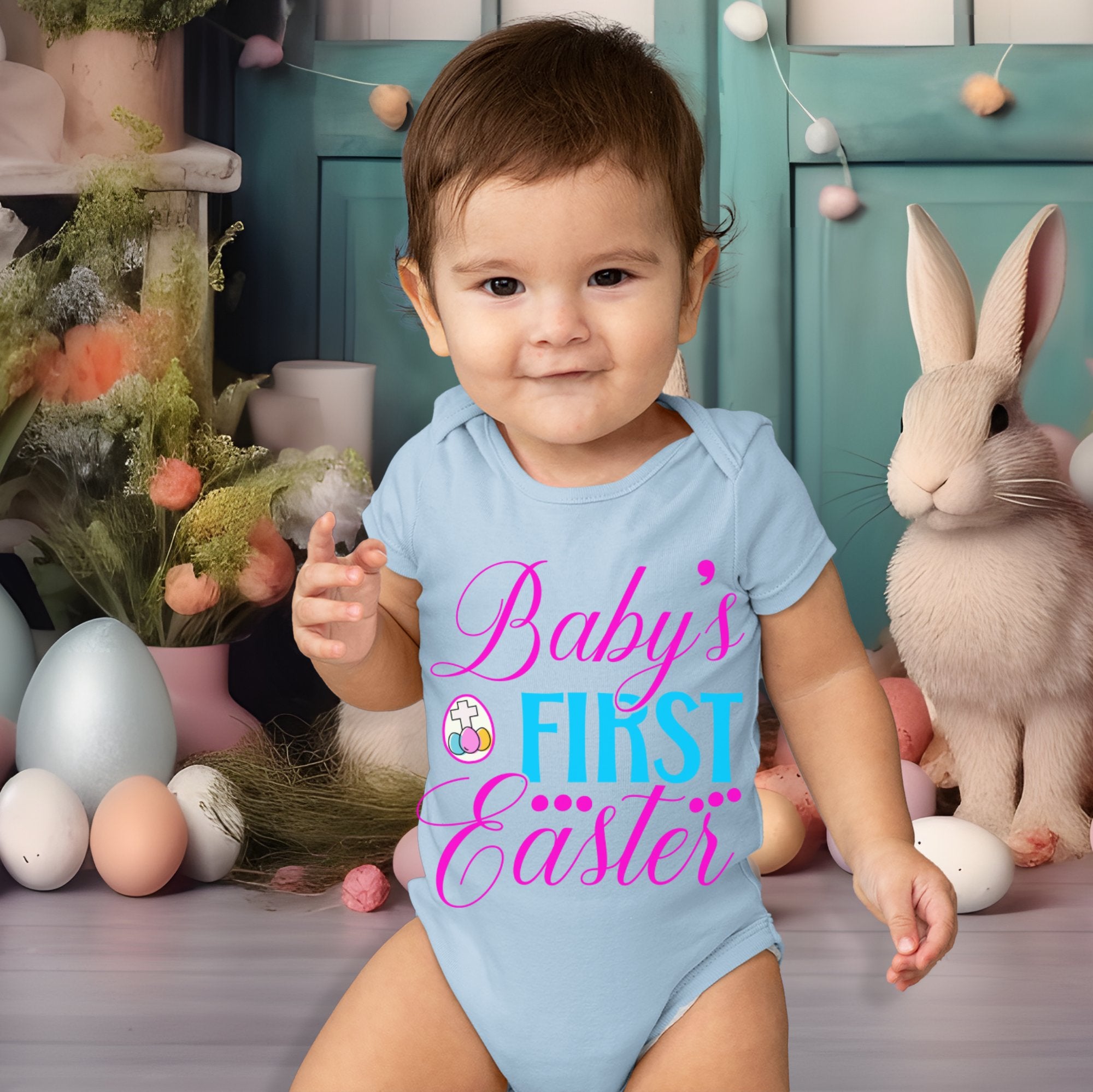 Baby's First Easter Cross Eggs Infant Fine Jersey Bodysuit Size: 6mo Color: White Jesus Passion Apparel