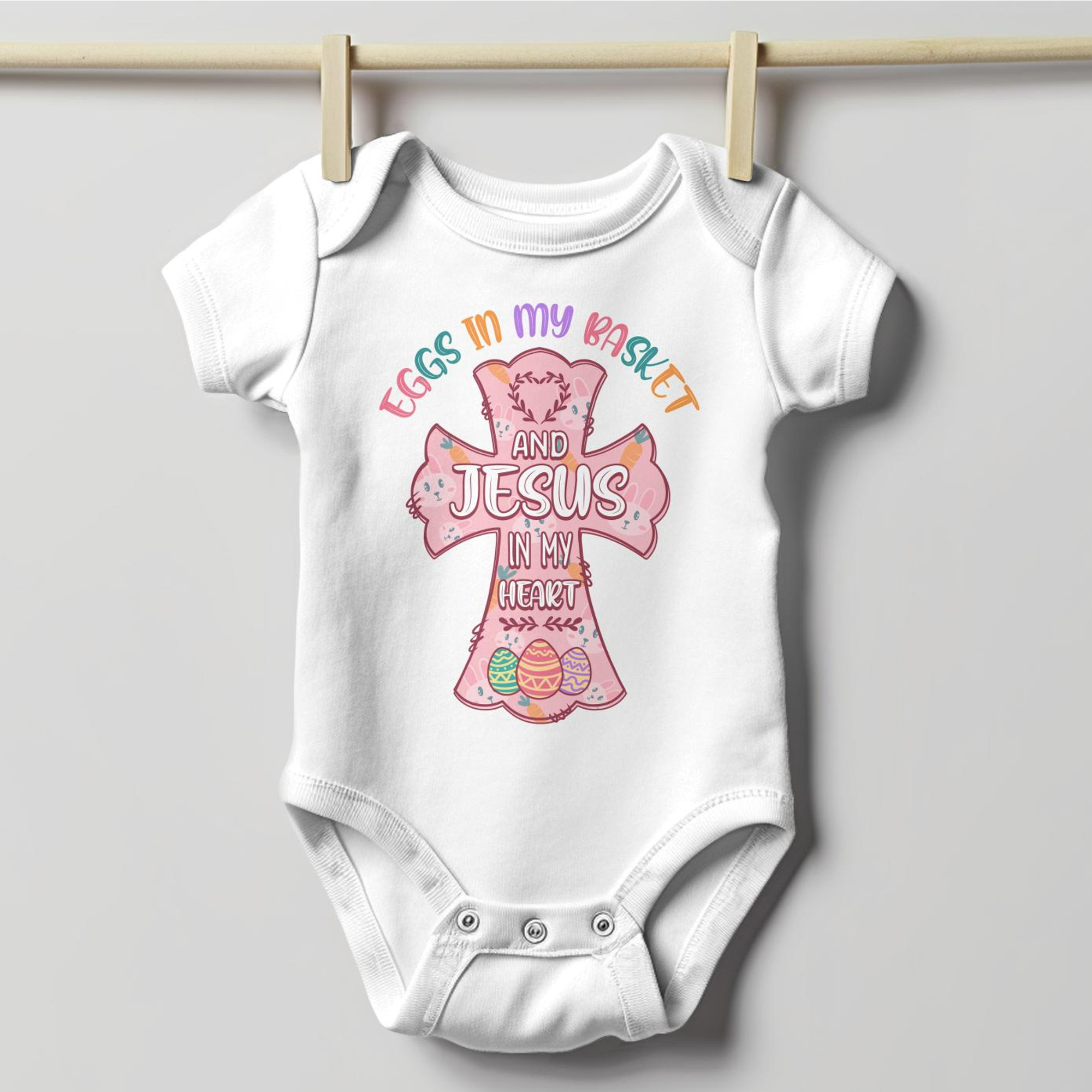 Eggs in My Basket Jesus in My Heart Infant Fine Jersey Bodysuit Size: 6mo Color: White Jesus Passion Apparel