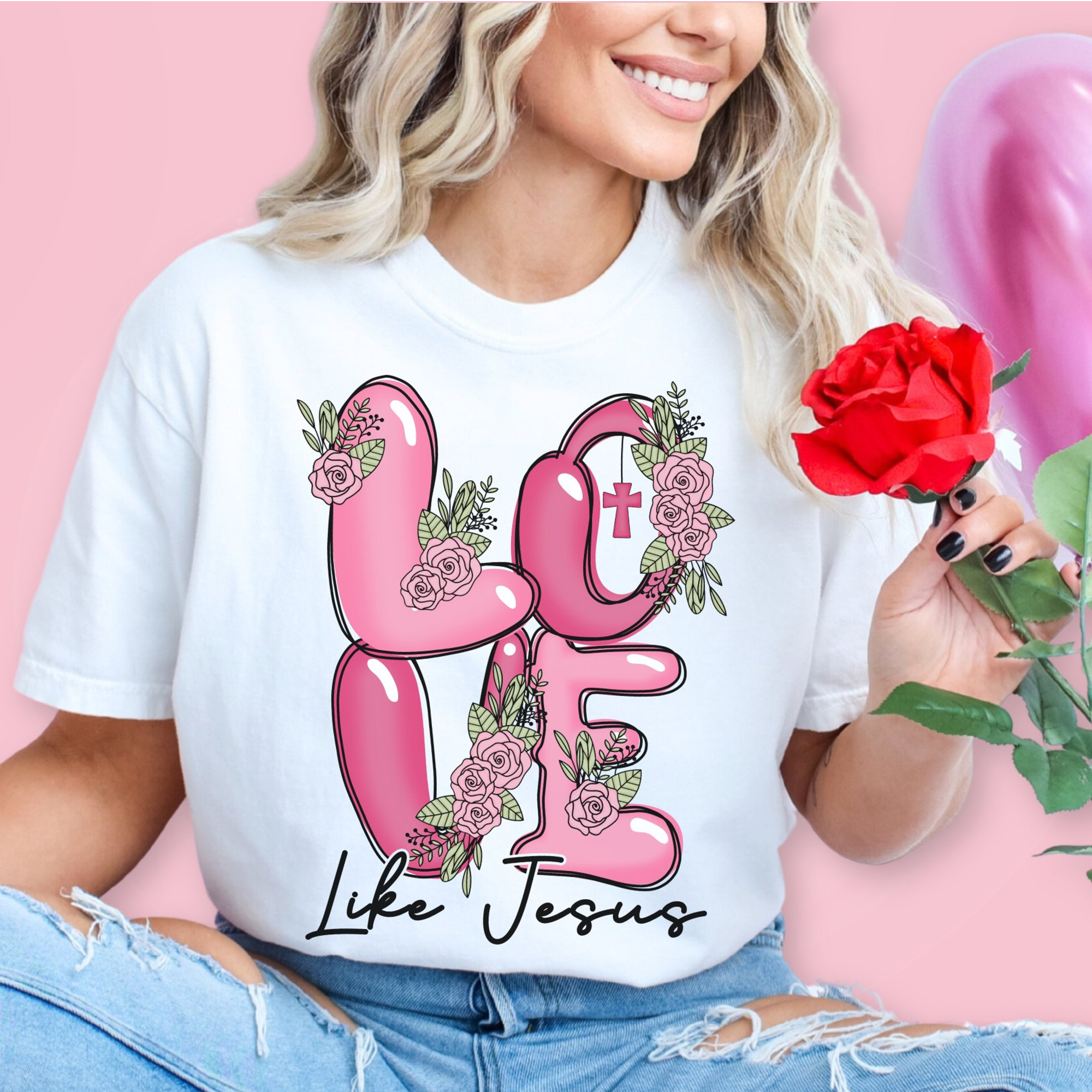 Love Like Jesus Flower Balloons Unisex Jersey Short Sleeve Tee - White Size: XS Color: White Jesus Passion Apparel