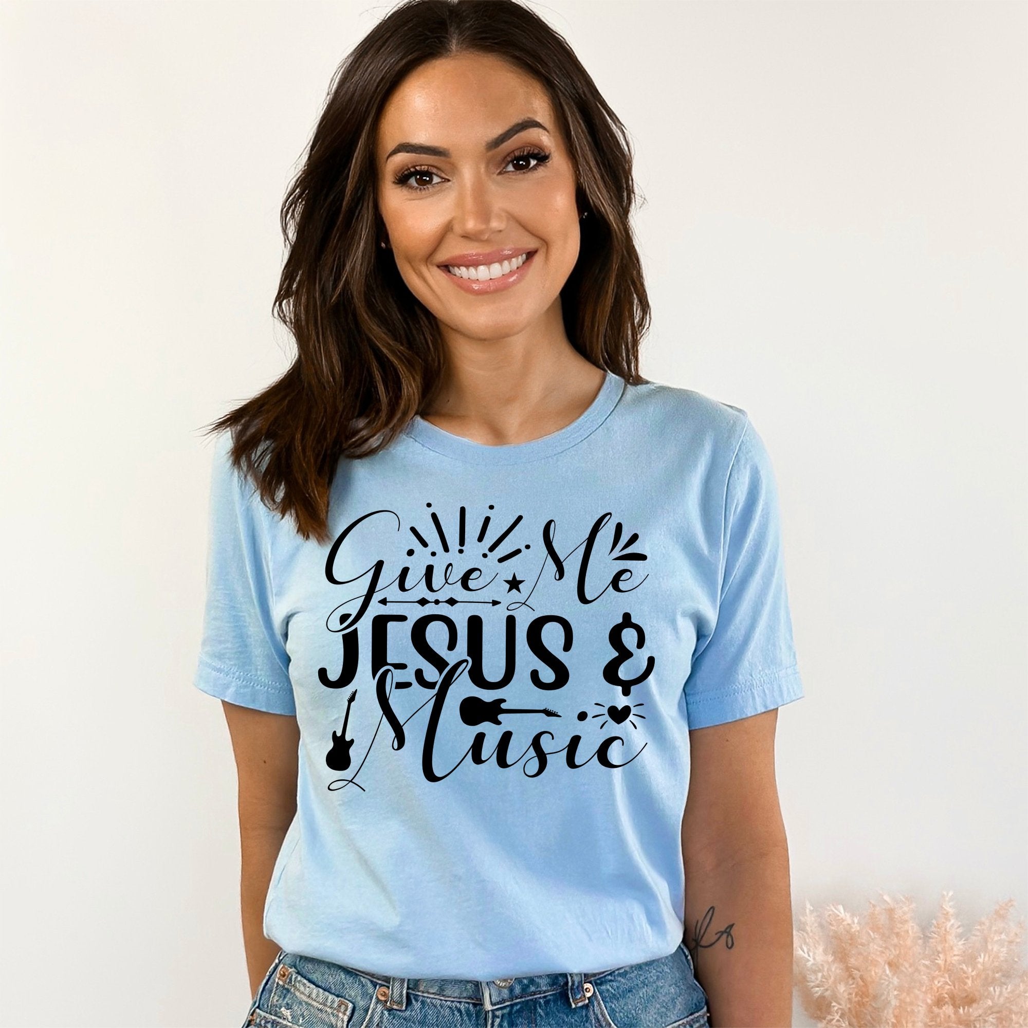 Give Me Jesus and Music Women's Jersey Short Sleeve T-Shirt Size: XS Color: Light Blue Jesus Passion Apparel