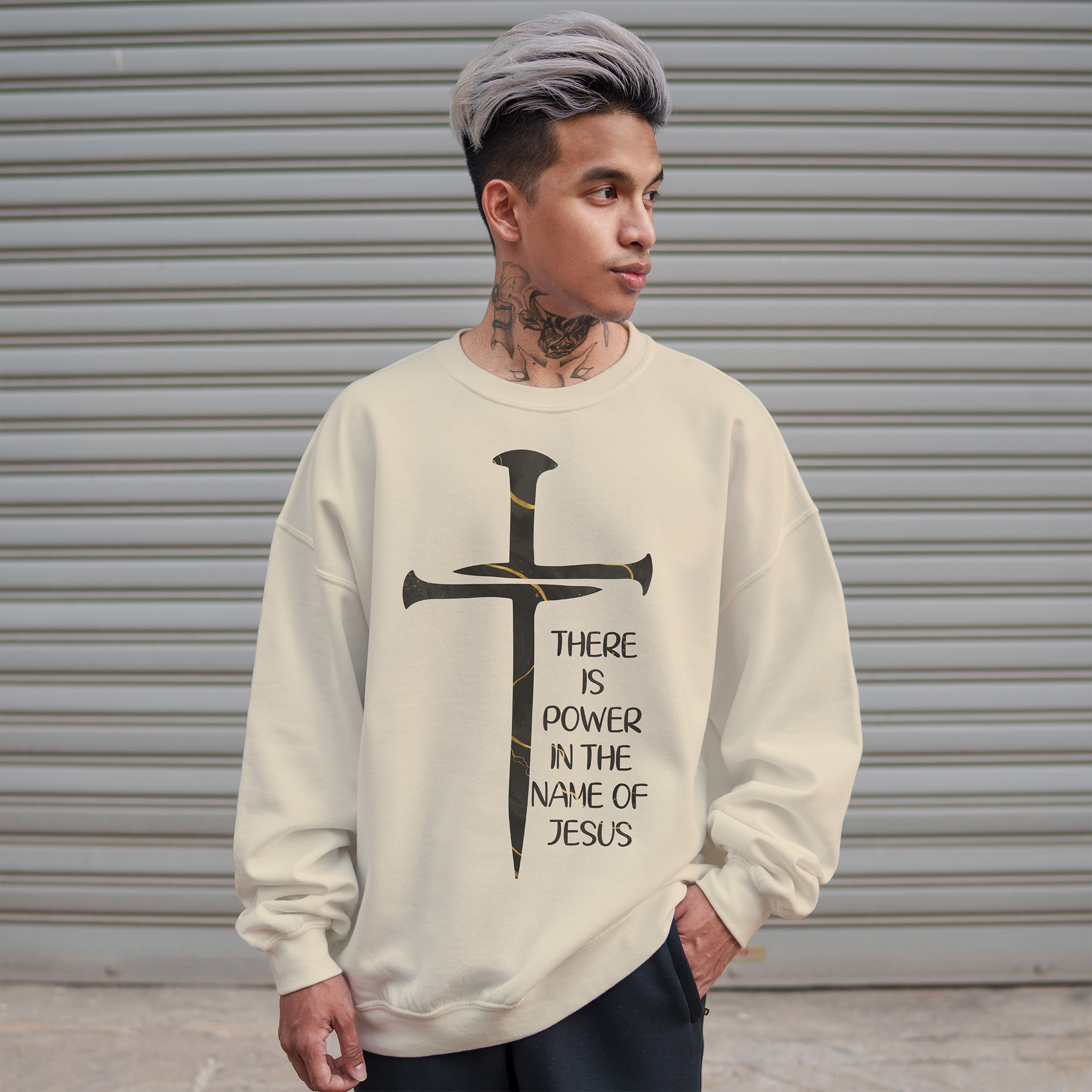 Power In the Name of Jesus Men's Fleece Unisex-Fit Sweatshirt - Sand Size: S Color: Sand Jesus Passion Apparel