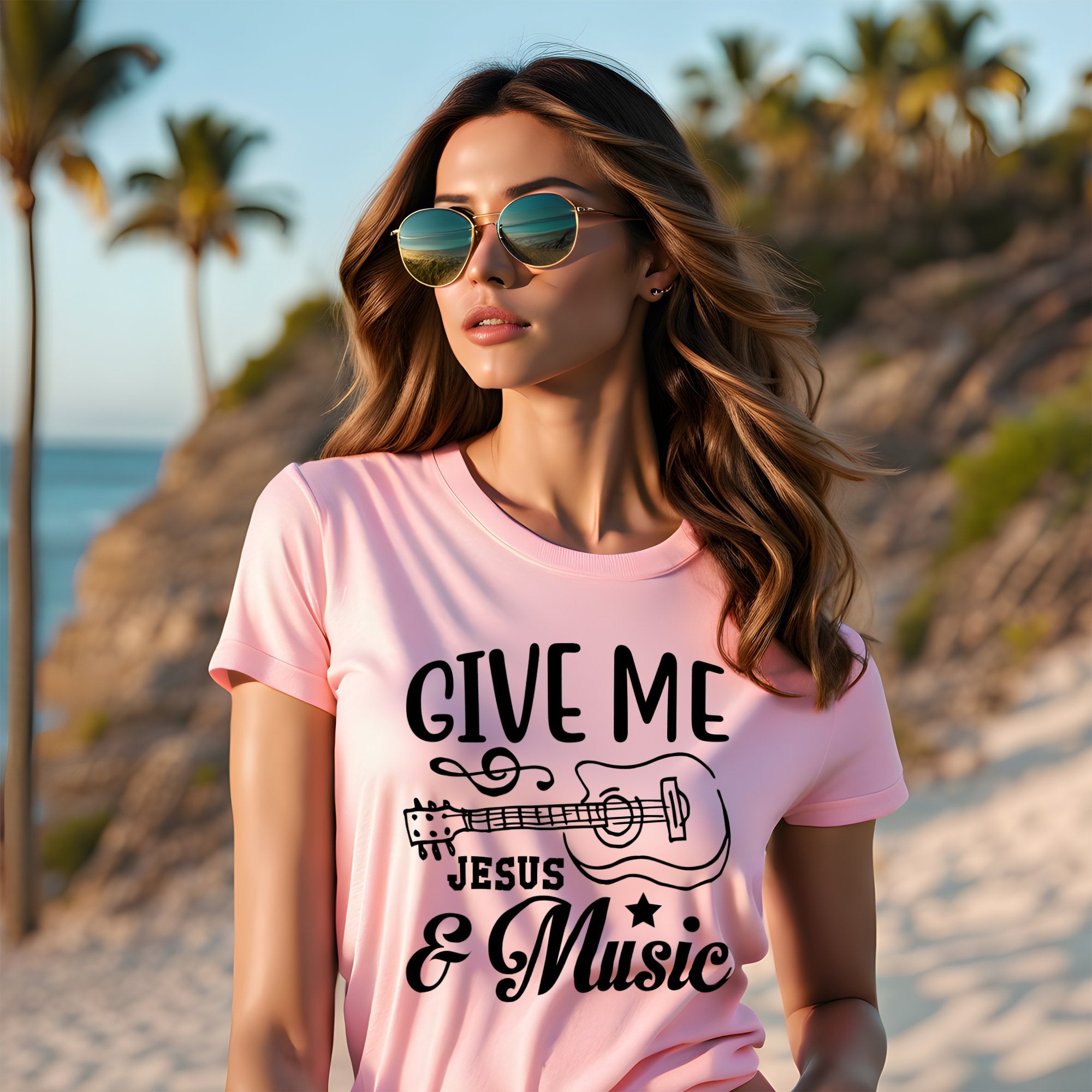 Give Me Jesus & Music Guitar Accent Women's Jersey Short Sleeve T-Shirt Size: XS Color: Pink Jesus Passion Apparel