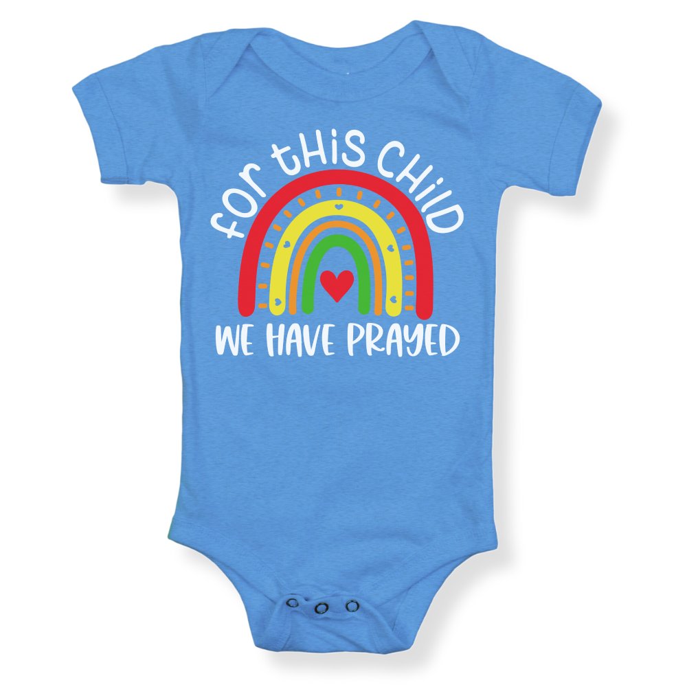For This Child We Have Prayed Baby Bodysuit White Color: Heather Columbia Blue Size: 3-6m Jesus Passion Apparel