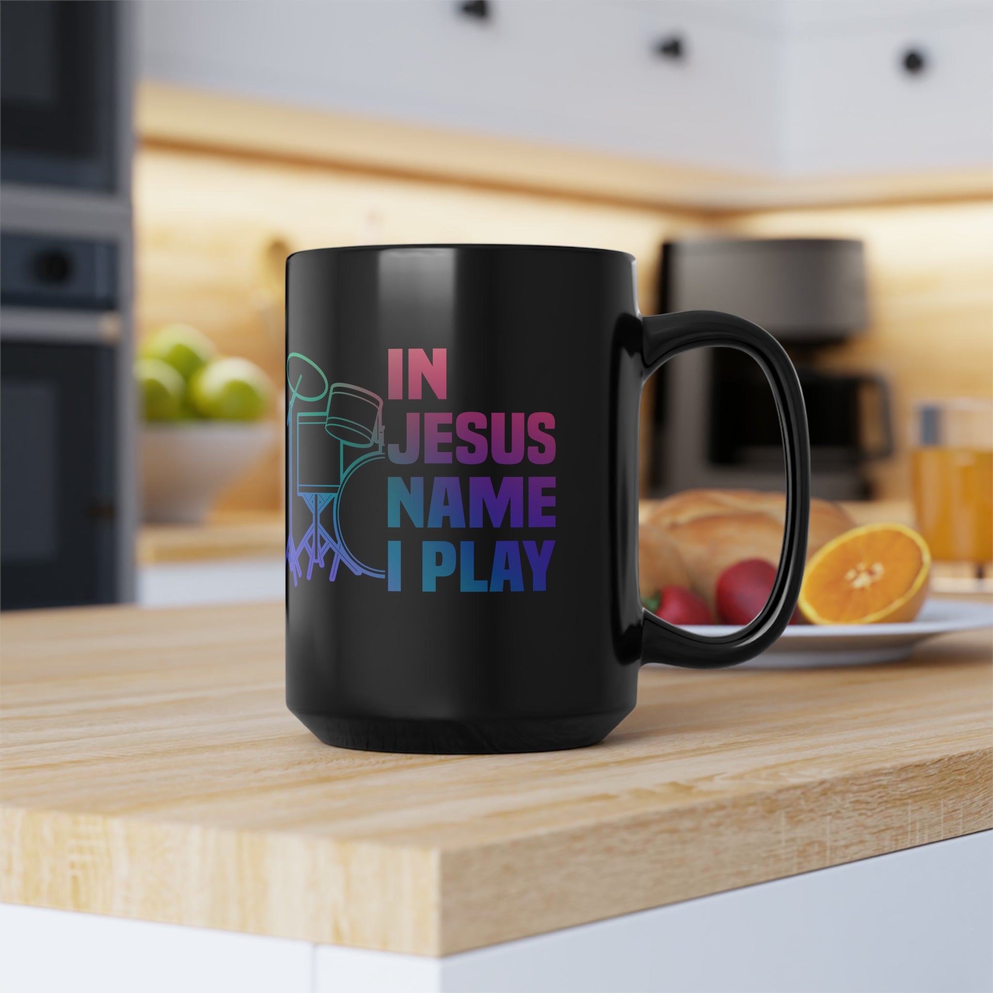 In Jesus Name I Play Drums - 15 oz Mug - Mini Set Size: Black 15oz Jesus Passion Apparel