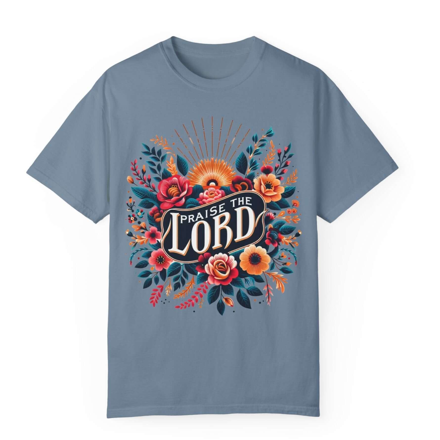 Praise the Lord Floral Sunshine Women's Short Sleeve Tee Color: Ice Blue Size: S Jesus Passion Apparel