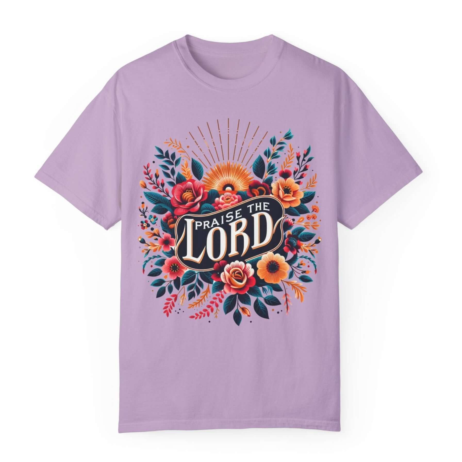 Praise the Lord Floral Sunshine Women's Short Sleeve Tee Color: Orchid Size: S Jesus Passion Apparel