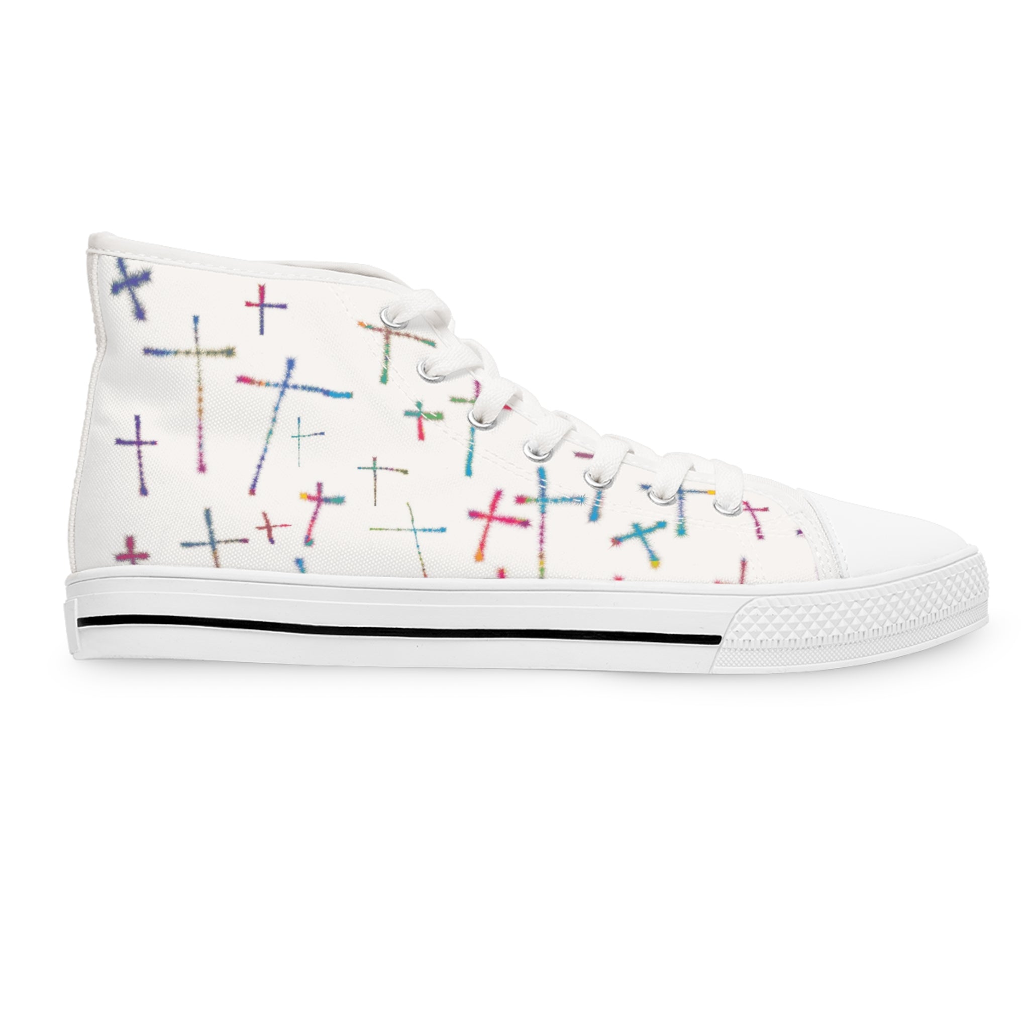 Colorful Crosses Women's High Top Sneakers Size: US 5.5 Color: White sole Jesus Passion Apparel