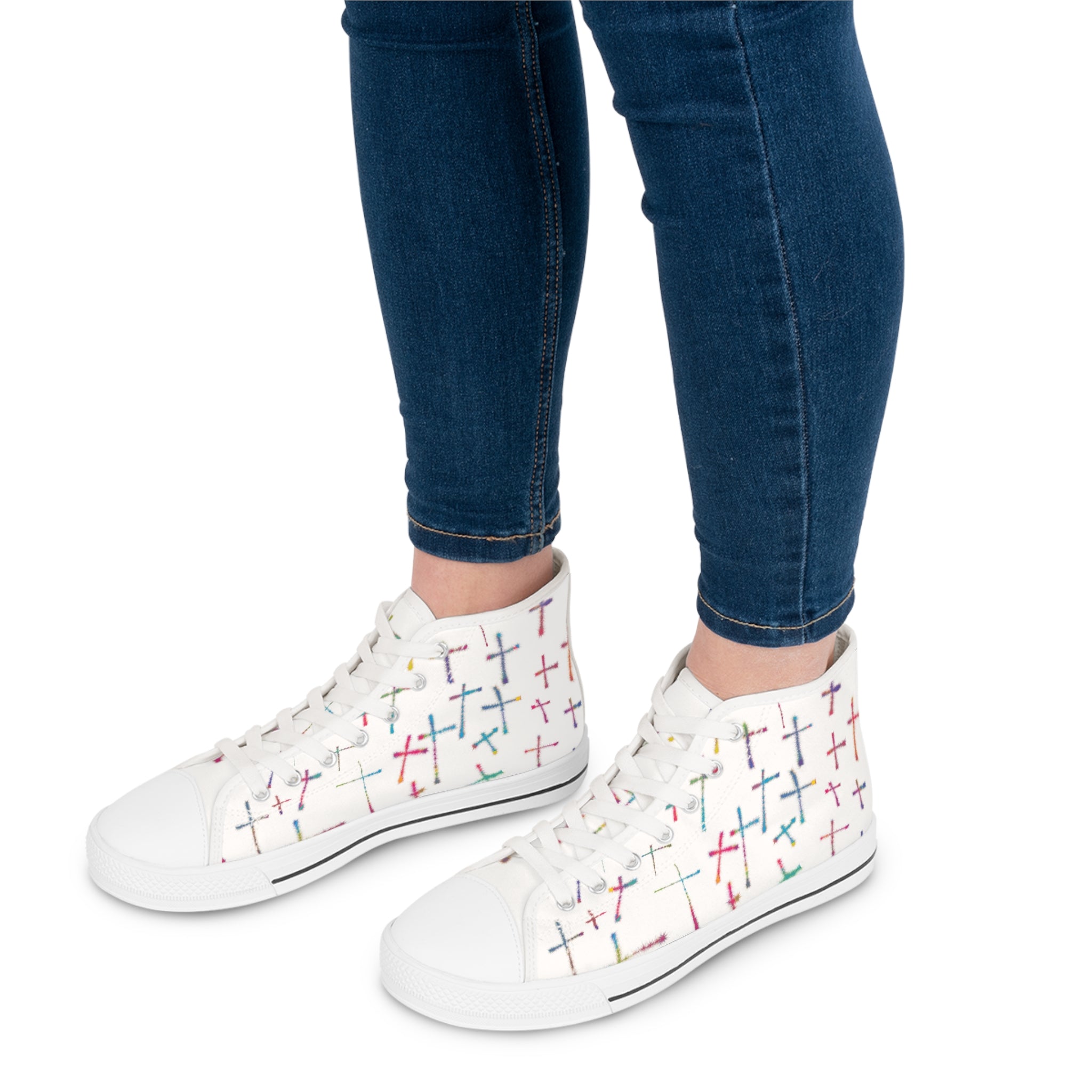 Colorful Crosses Women's High Top Sneakers Size: US 5.5 Color: White sole Jesus Passion Apparel