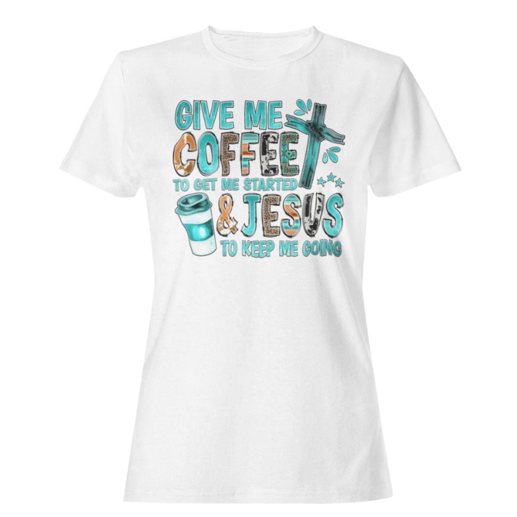 Give Me Coffee and Jesus Women's Short Sleeve Fashion Fit T-Shirt - Matching Tote Available Color: White Size: S Jesus Passion Apparel