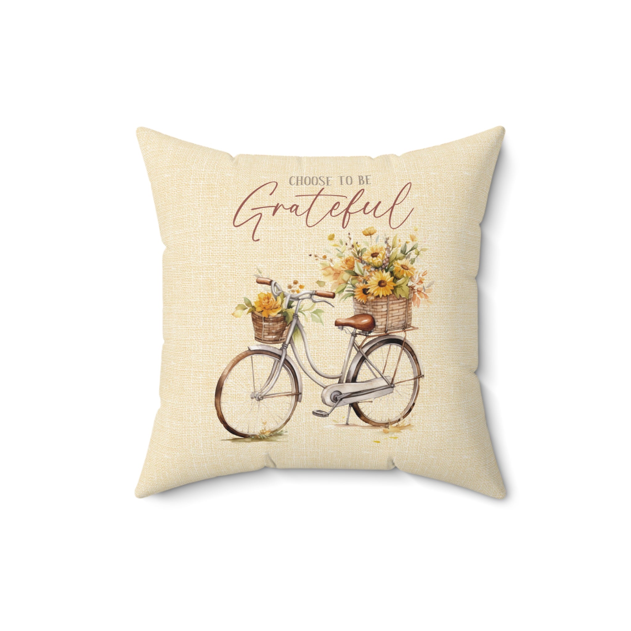 Choose To Be Grateful Bicycle and Flower Baskets on a Butter Linen Background Spun Polyester Square Pillow Size: 16" × 16" Jesus Passion Apparel