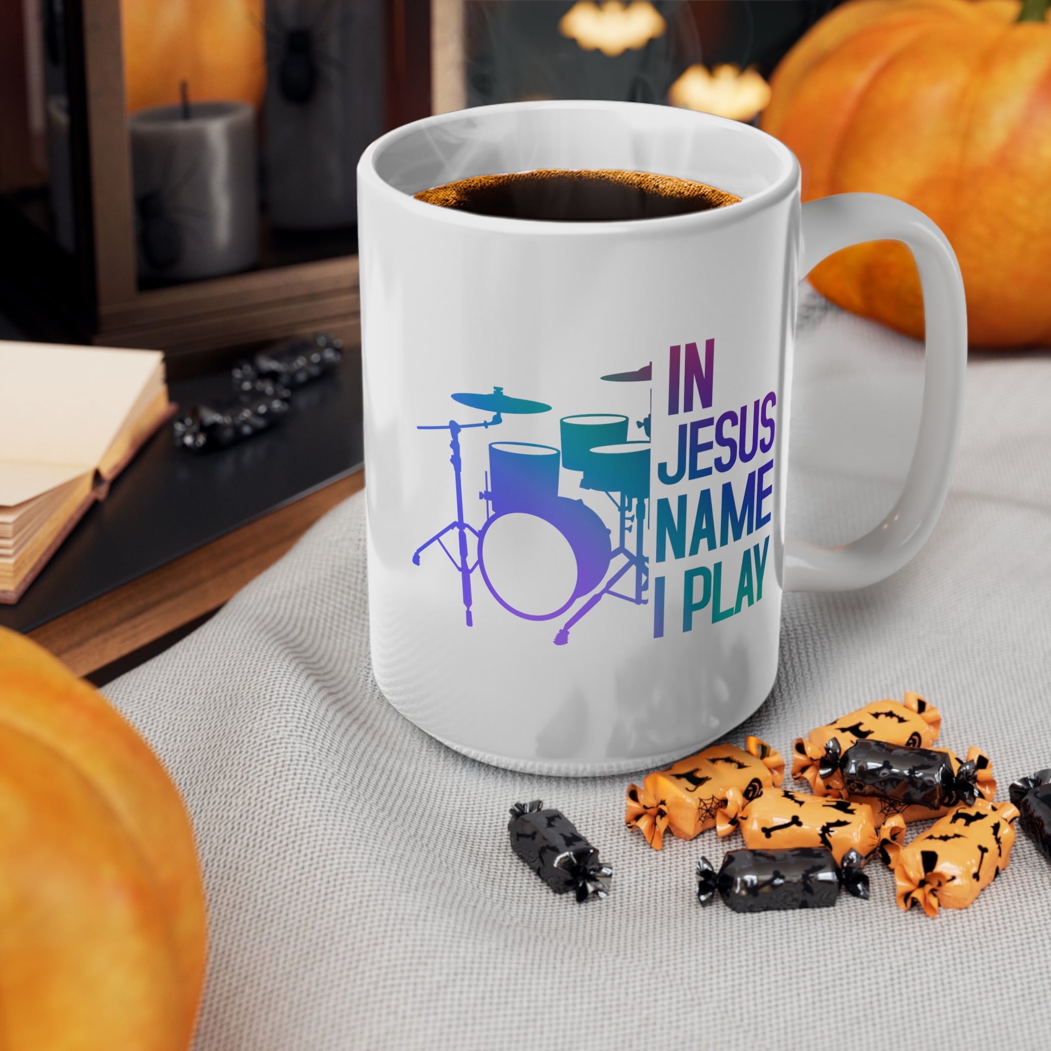 In Jesus Name I Play Drums Black 15 oz Mug Size: Black 15oz Jesus Passion Apparel