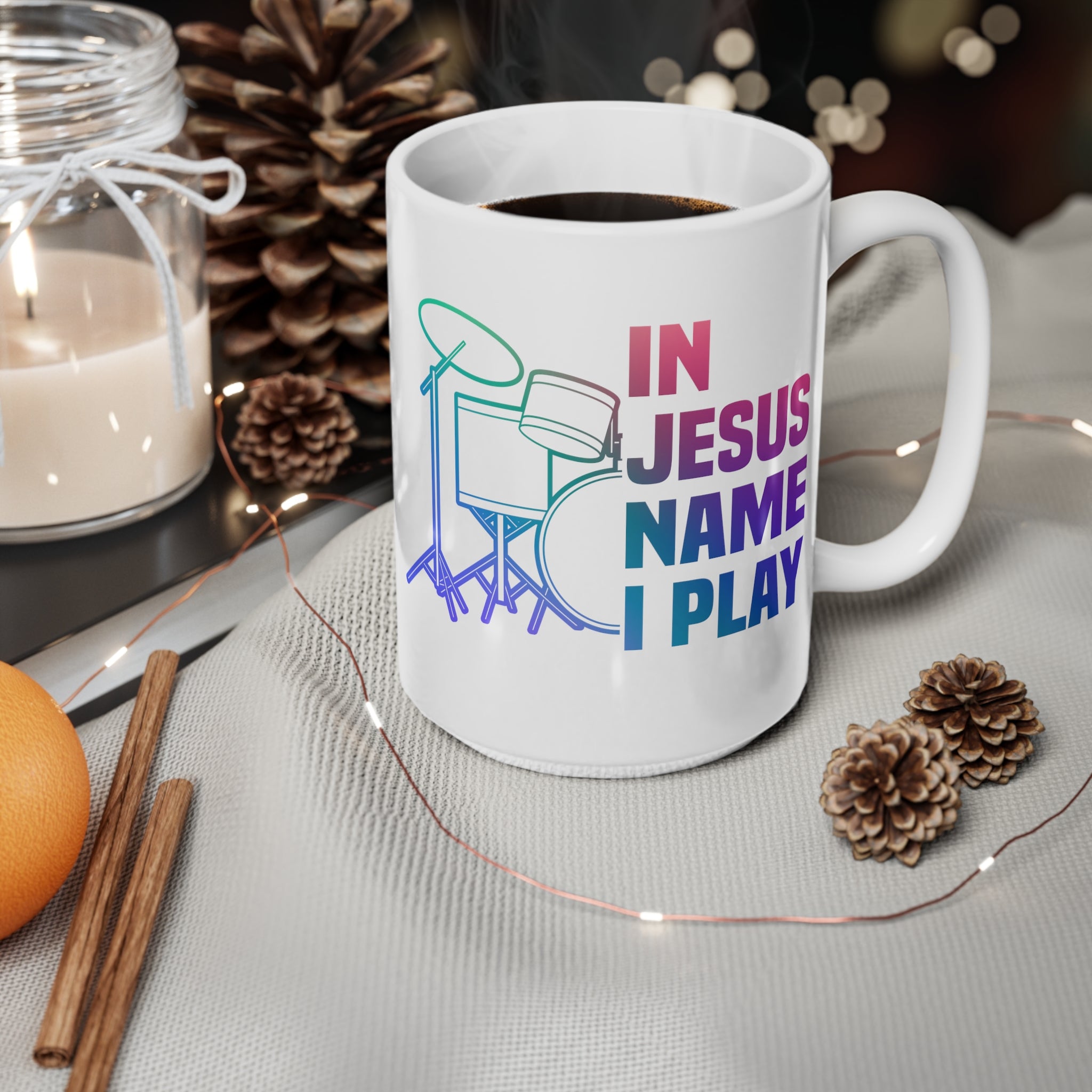 In Jesus Name I Play Drums - 15 oz Mug - Mini Set Size: Black 15oz Jesus Passion Apparel