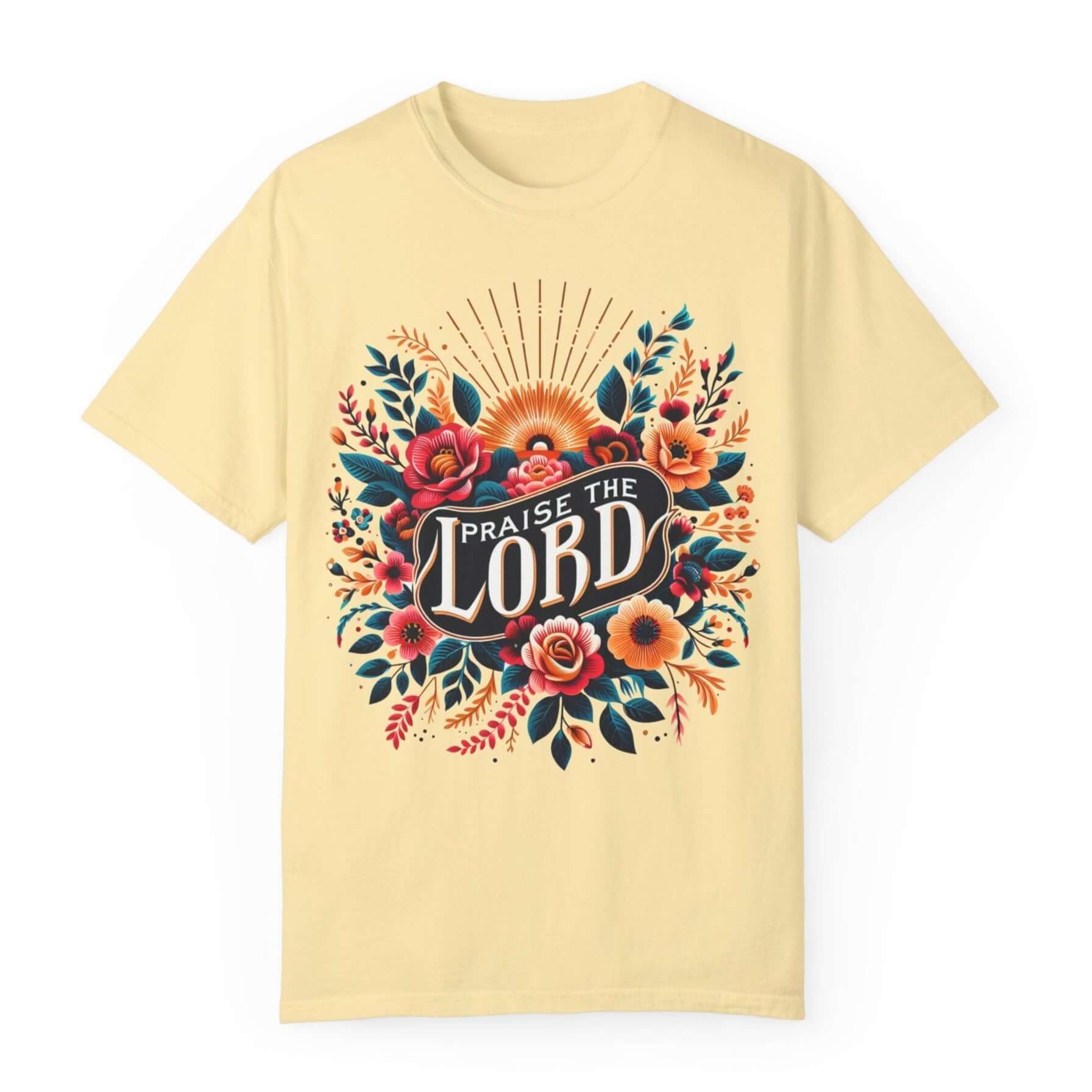 Praise the Lord Floral Sunshine Women's Short Sleeve Tee Color: Banana Size: S Jesus Passion Apparel