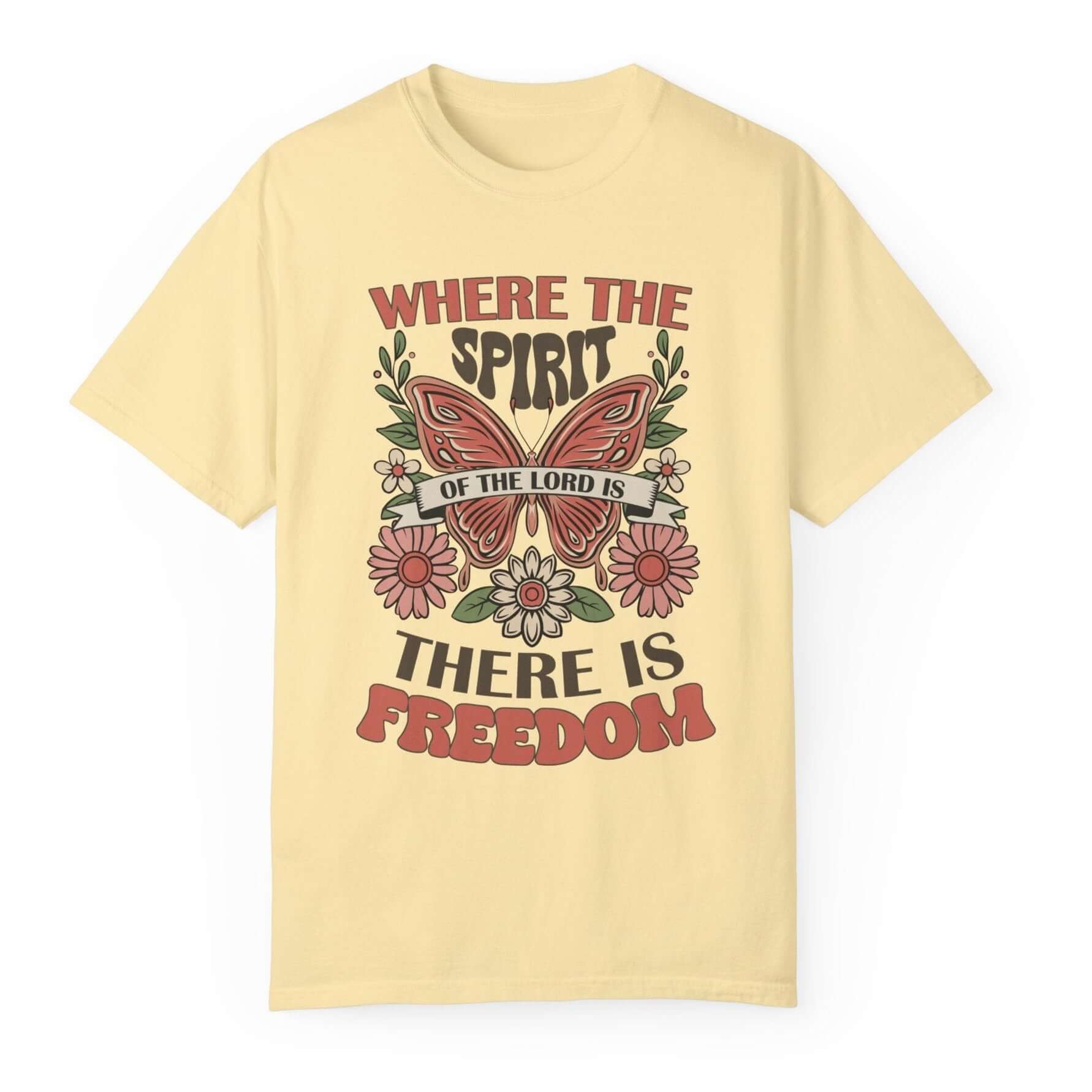 Spirit of the Lord is Freedom Floral Butterfly Women's Short Sleeve Tee Color: Banana Size: S Jesus Passion Apparel